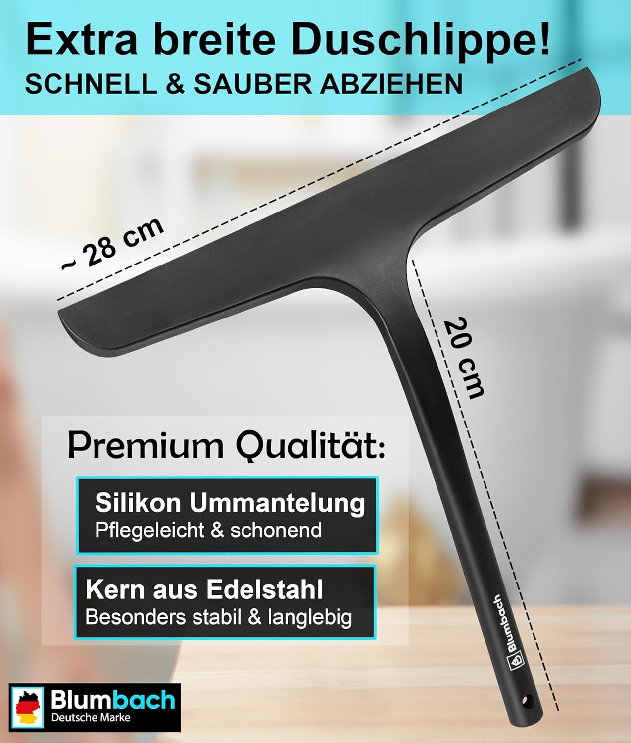 Duschabzieher mit Halterung, 28 cm Duschabzieher Schwarz