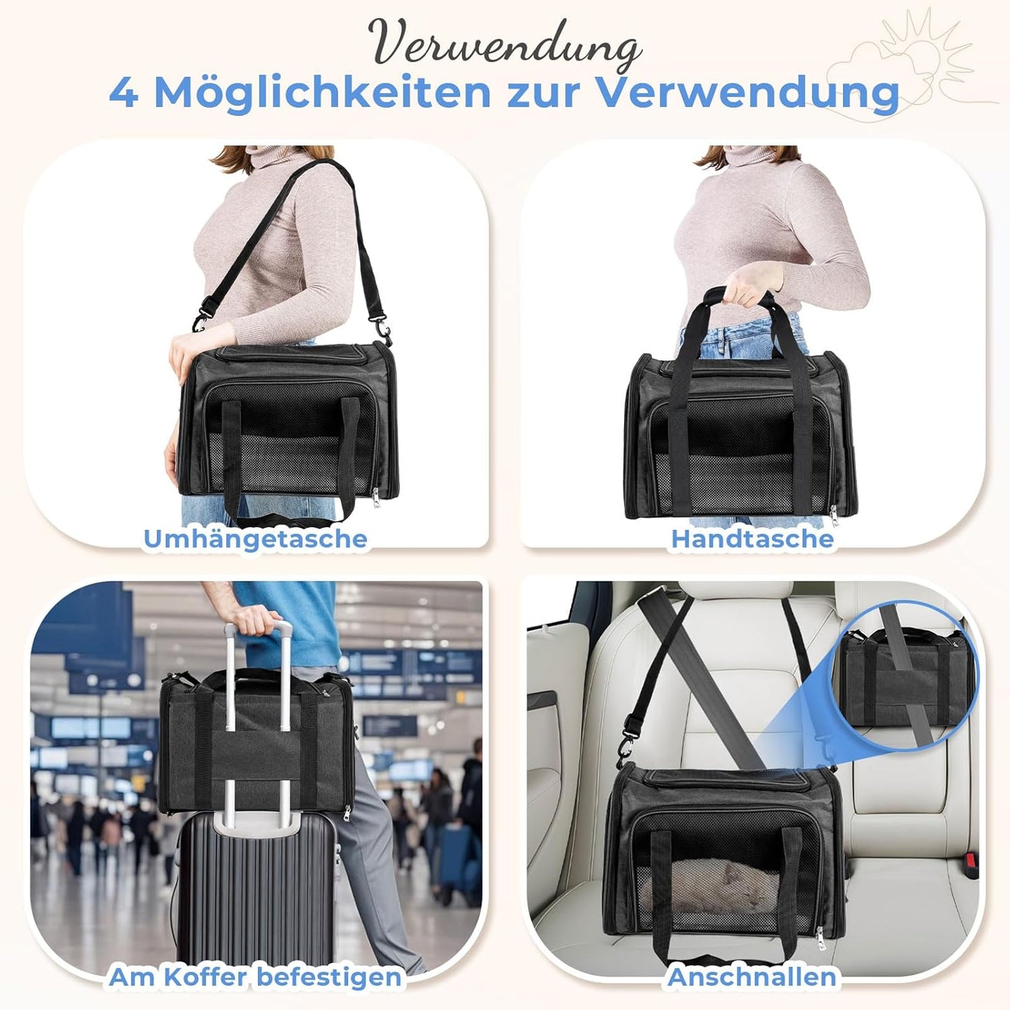 Transporttasche für Katzen und kleine Hunde (bis 8kg), 50 x 34 x 34cm Dunkelgrau