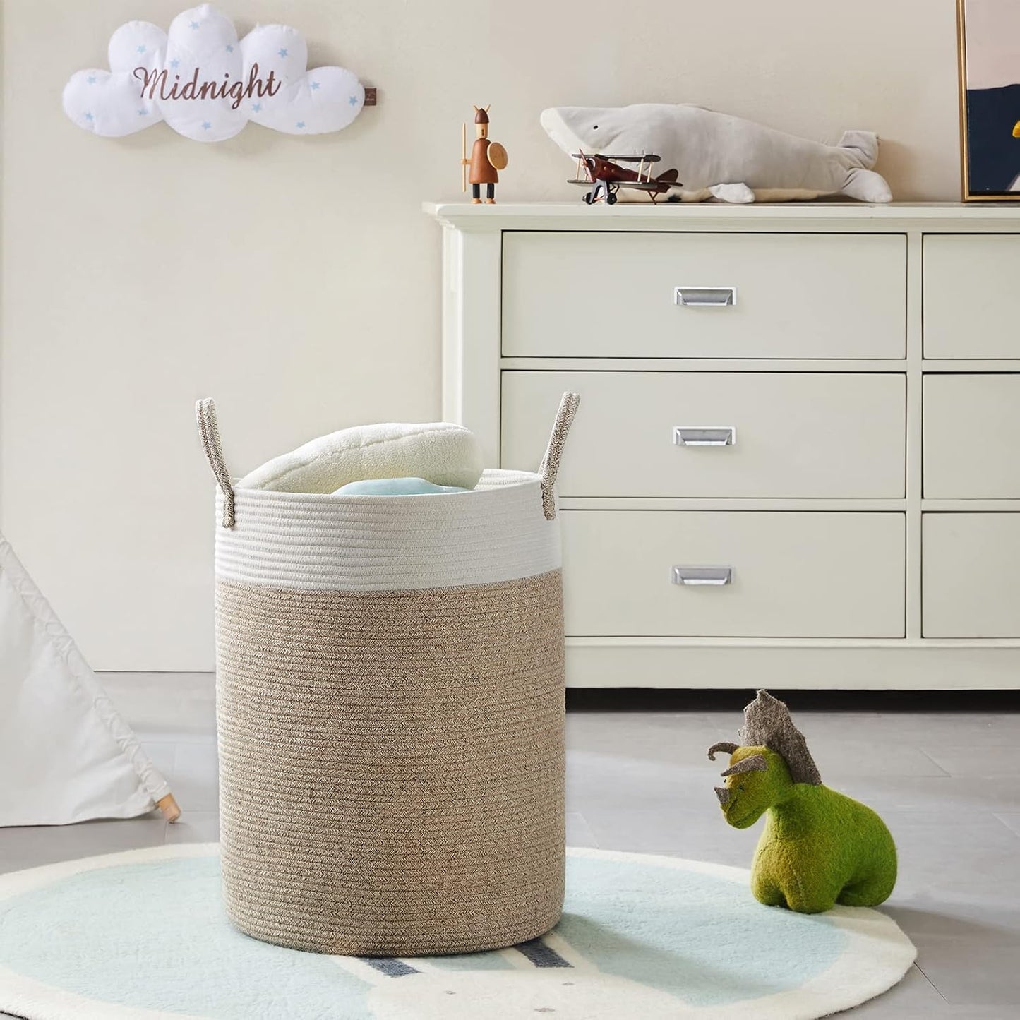 Geflochtener Wäschekorb mit Griffen, 58L, Weiss & Braun 58L