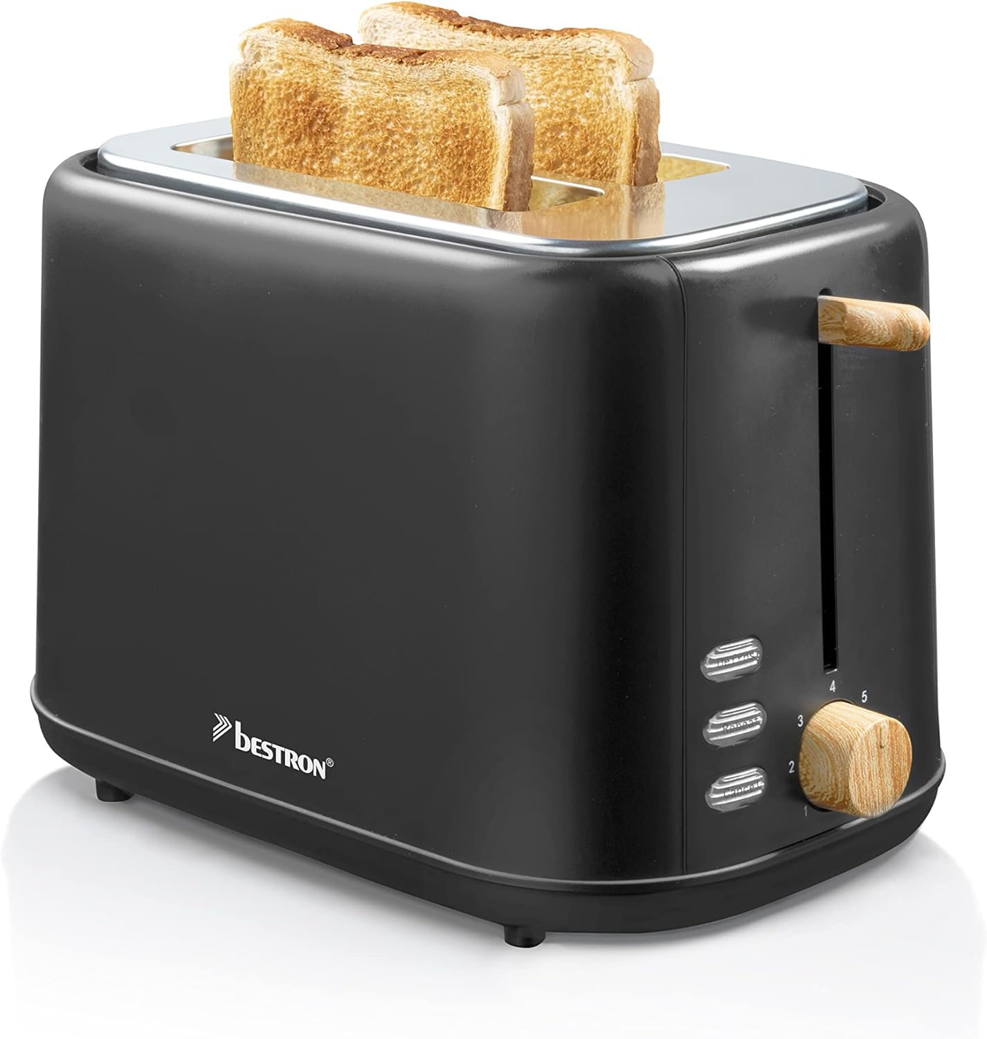 Toaster für 2 Scheiben mit Brötchenaufsatz, Schwarz/Holz