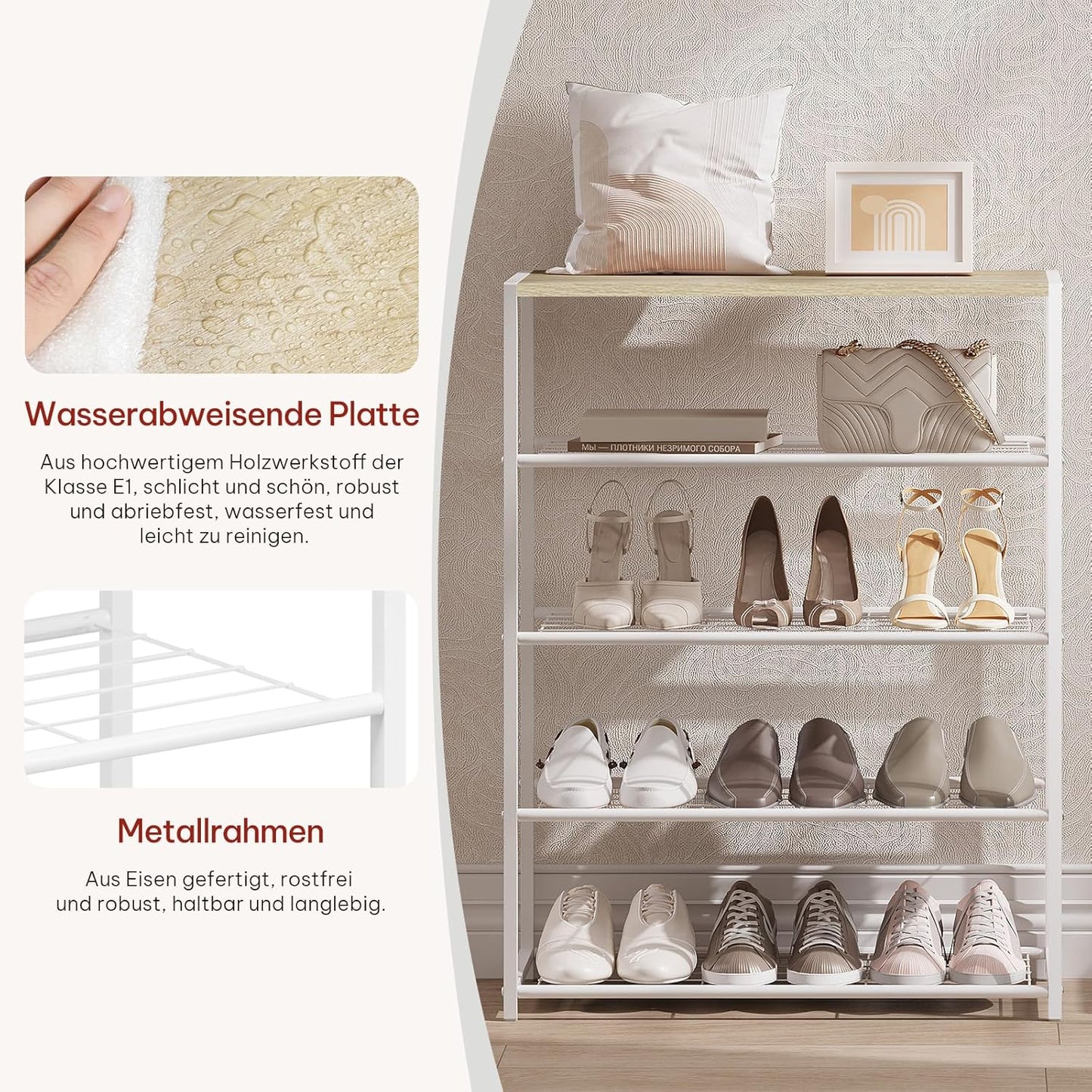 Schuhregal mit 4 Ebenen, 63 x 83 x 30 cm Helle Eiche + Weiß