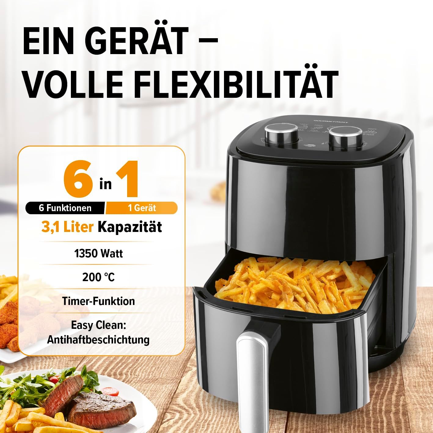Heissluftfritteuse mit Timer und 6 Funktionen, 3,1 Liter