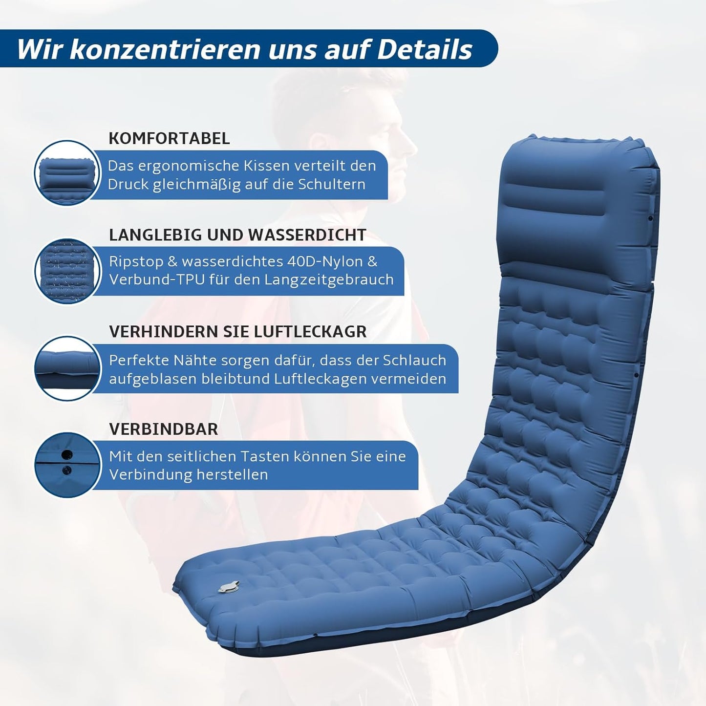 Aufblasbare Isomatte mit Fusspumpe und Kopfkissen, Marineblau