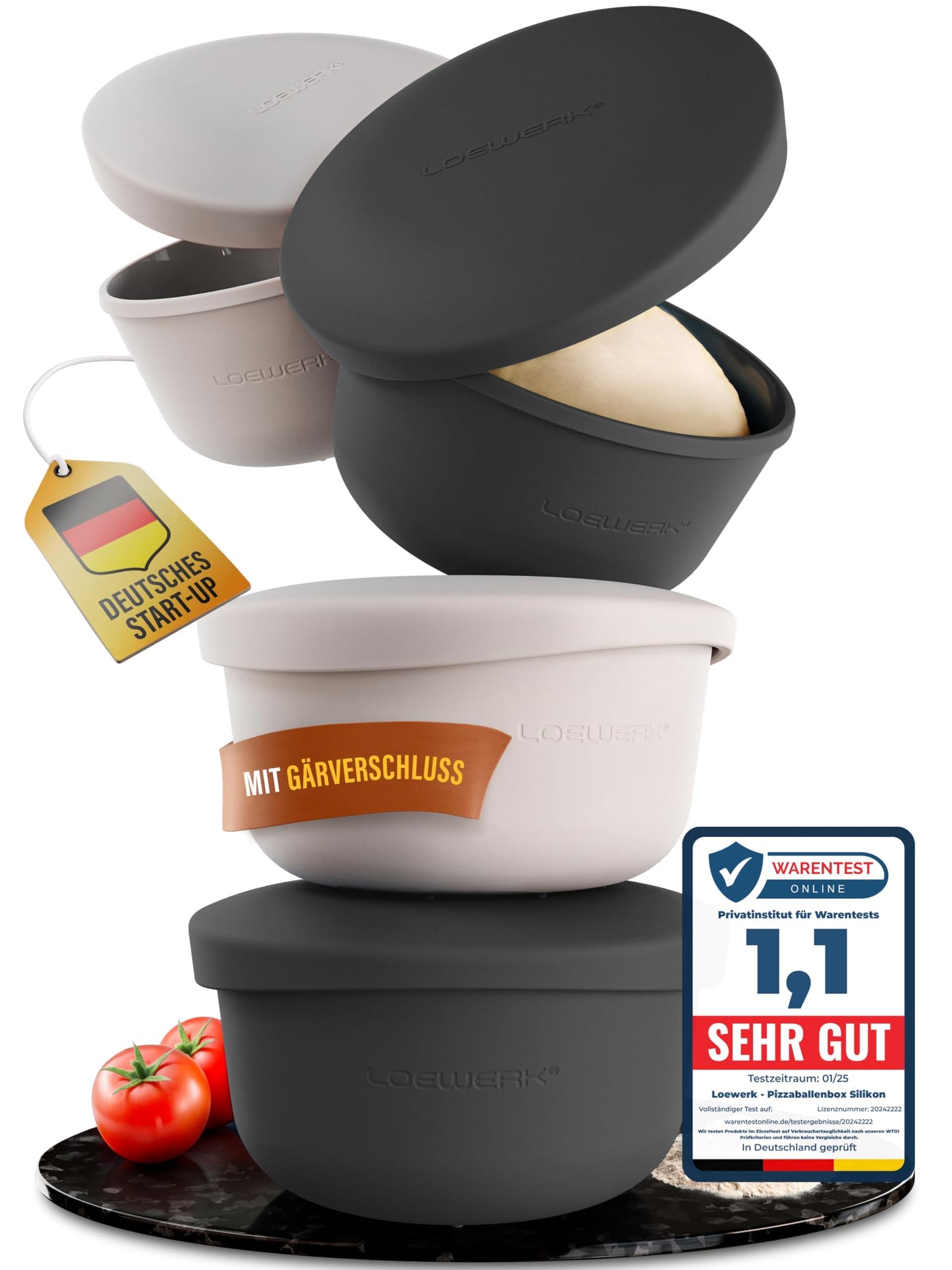 4er-Set Pizzaballenbox mit Deckel, 4 Stück schwarz+grau