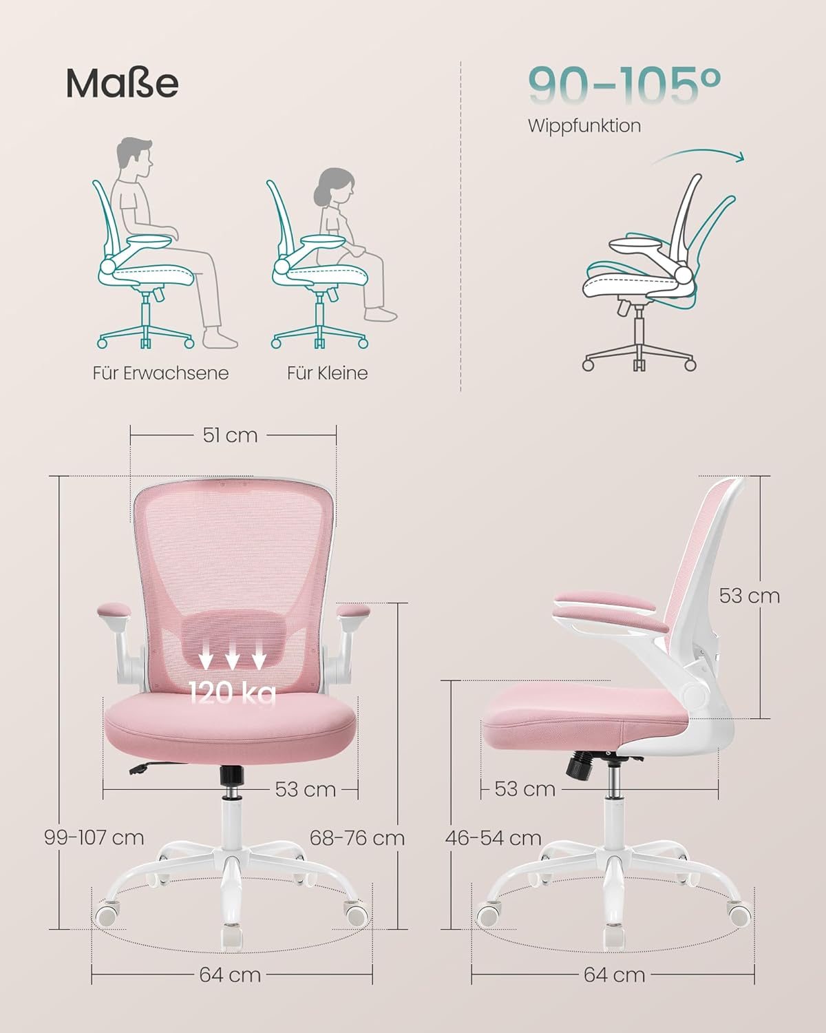 Bürostuhl OBN037R01, Pastellrosa, Ohne Kopfstütze