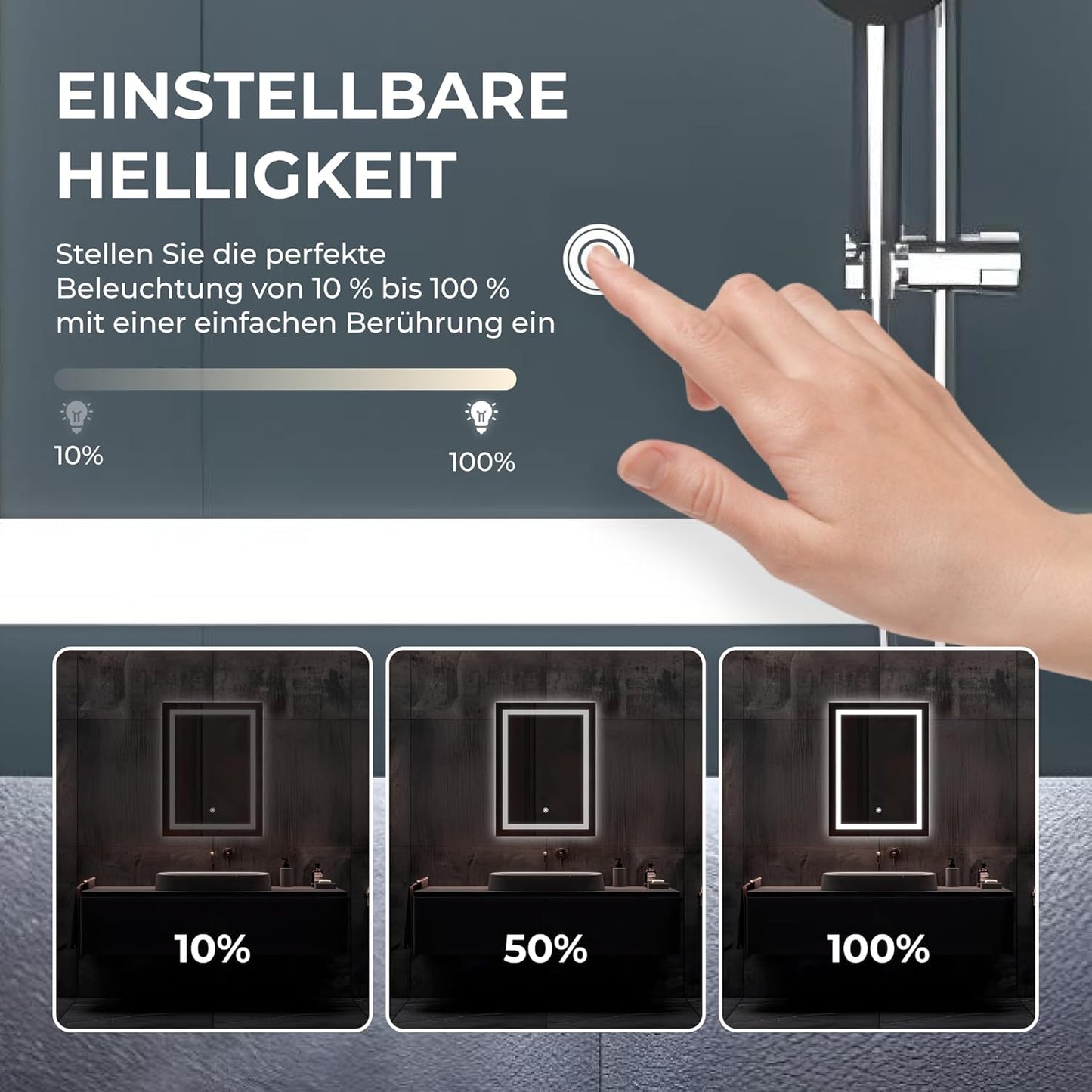 LED Badspiegel mit Anti-Beschlag und Touch-Schalter, 70L x 50B cm