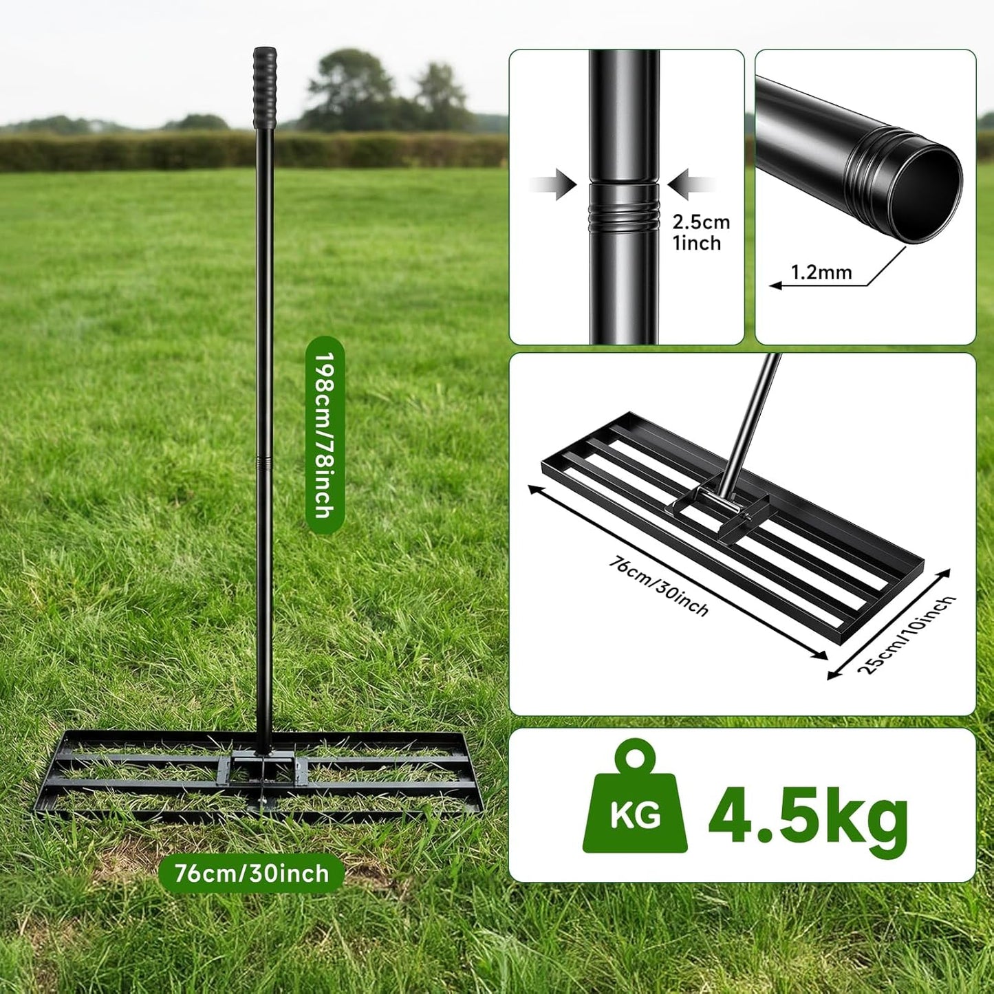 Rasen-Nivellierungsrechen mit verstellbarem Stiel, 198cm 76x25cm