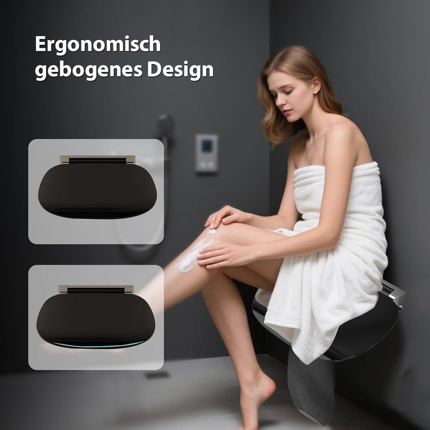 Klappbarer Duschsitz für die Wandmontage, Schwarz Large