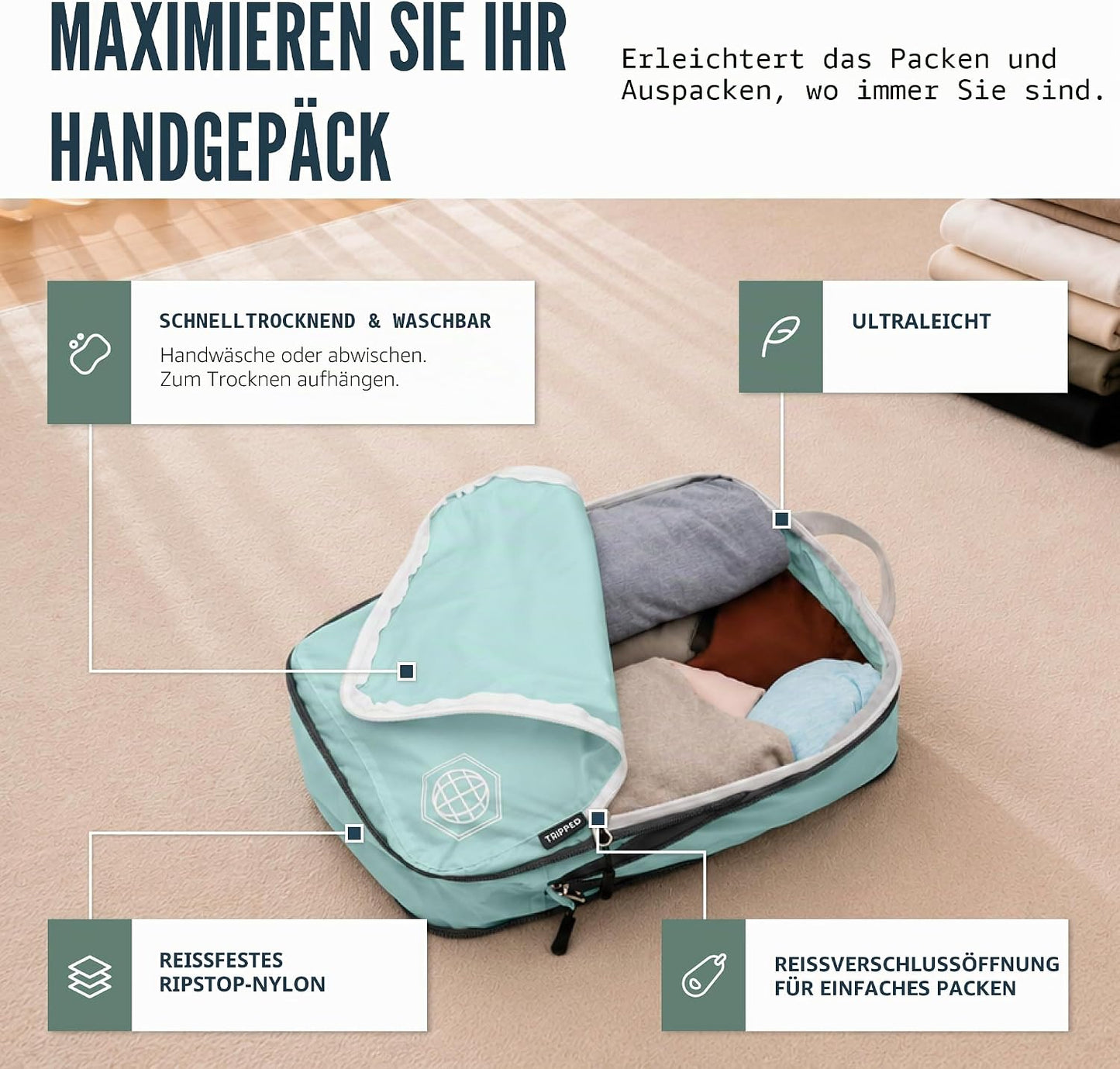 Kompressions-Verpackungswürfel-Set, Dusty Teal und Weiss 6 Stück
