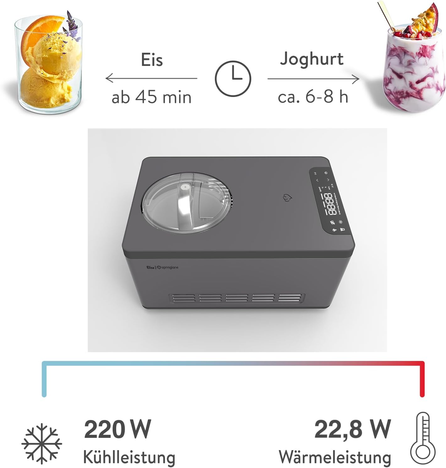 Eismaschine und Joghurtbereiter Elisa, Elisa Anthrazit + 2 Eisbehälter Grau