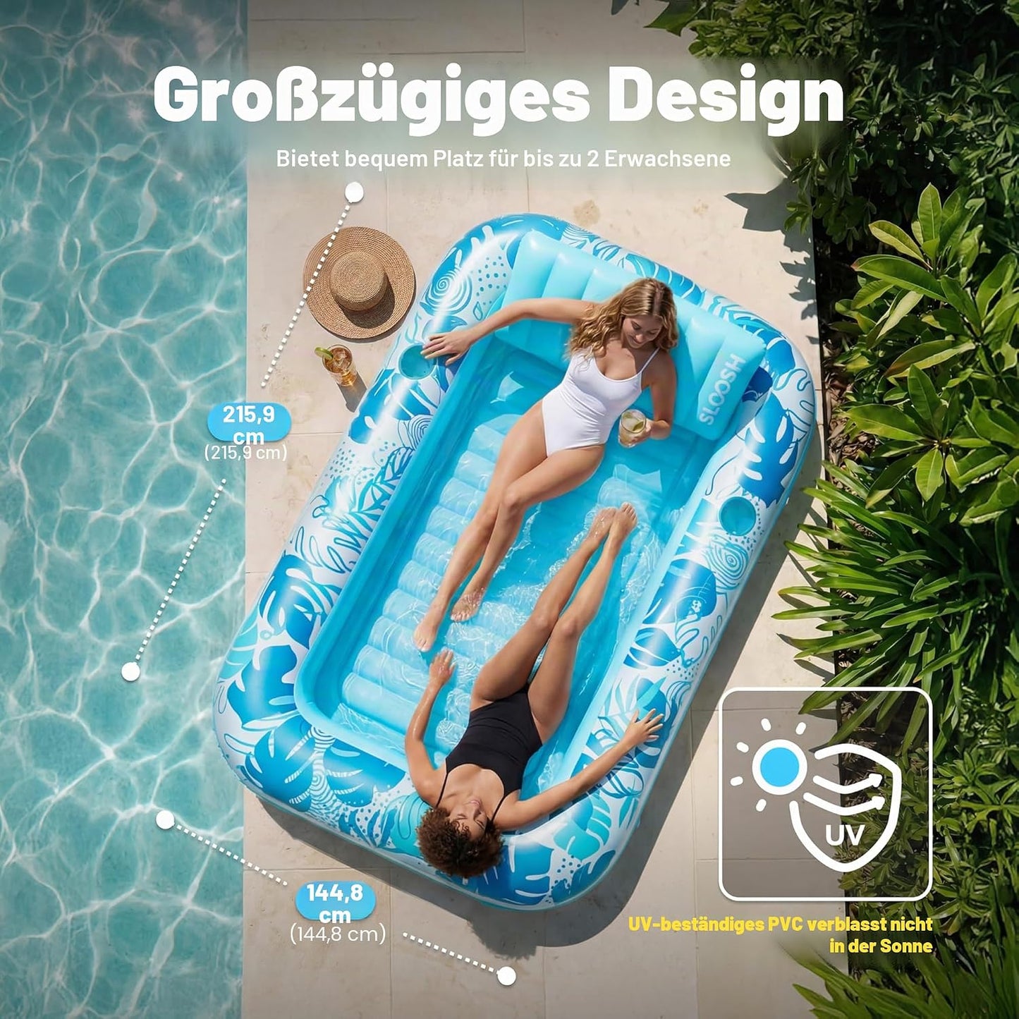 Aufblasbarer 4-in-1 Sonnenliegepool mit Kissen und Getränkehalter, Blau XL