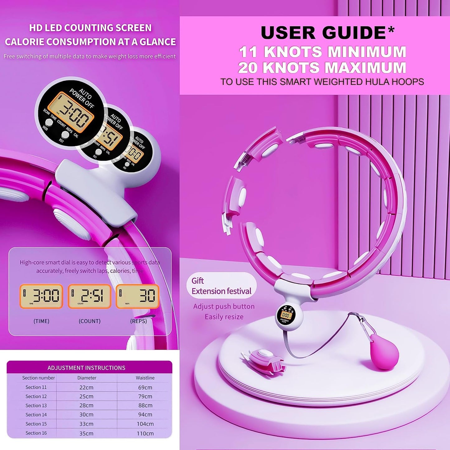 Smart Fitness Hula Hoop mit Massagefunktion, Einstellbar Violett