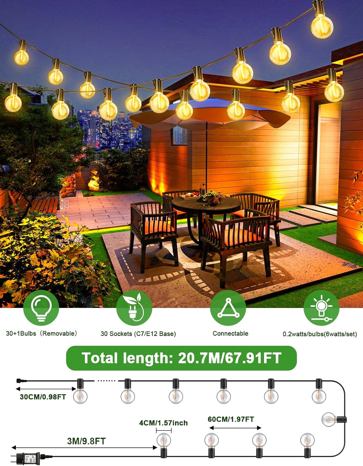 LED Lichterkette mit Timer, dimmbar, erweiterbar, 20.7M/67.9Ft-Câble