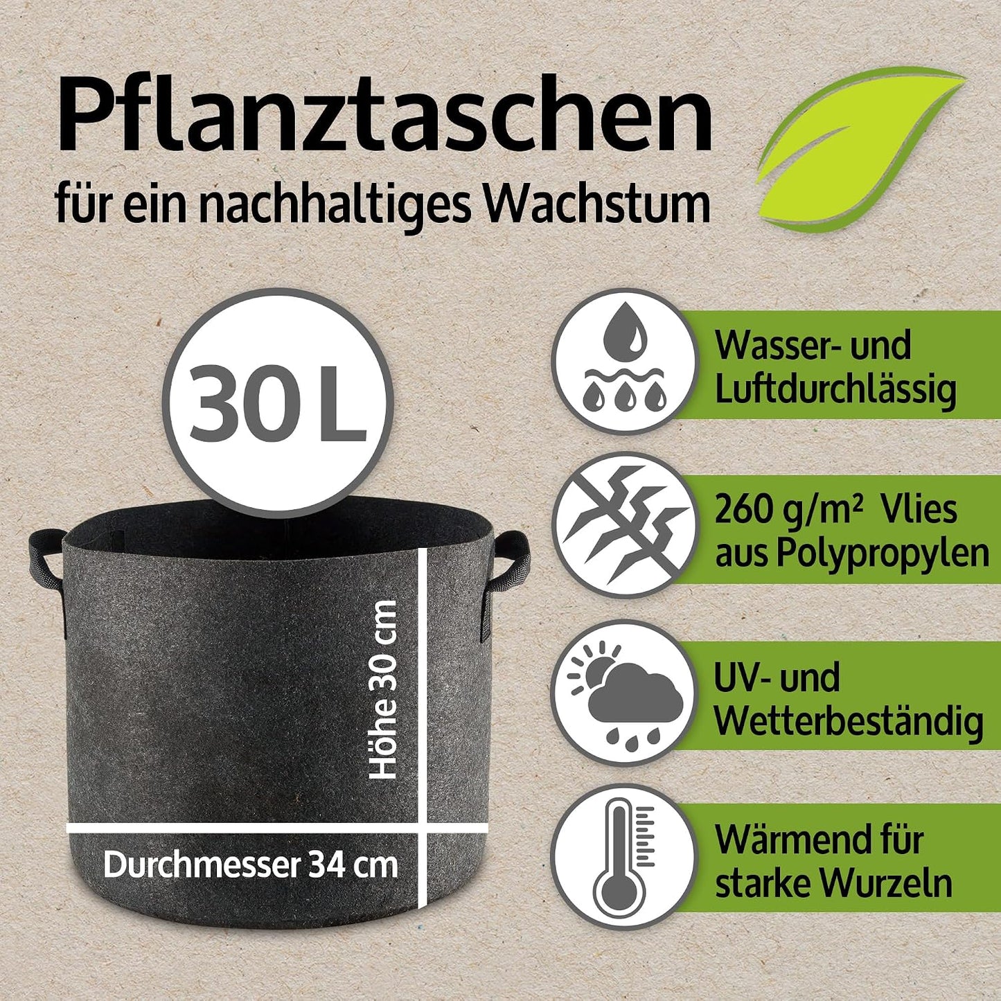 Pflanzsäcke-Set aus Vlies, 3 Stück x 30 Liter + 3 Stück x 60 Liter