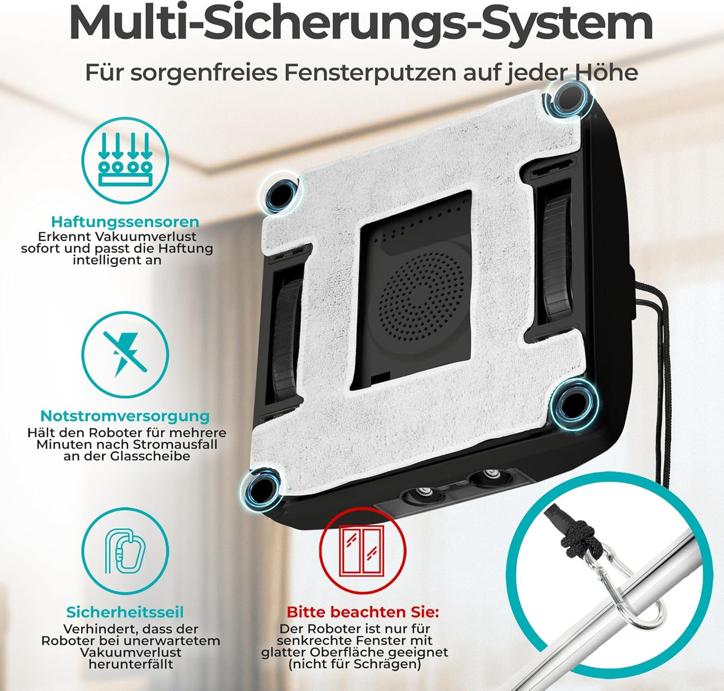 Fensterputzroboter, Kompakter Fensterroboter mit automatischer Kanten-Erkennung, Schwarz