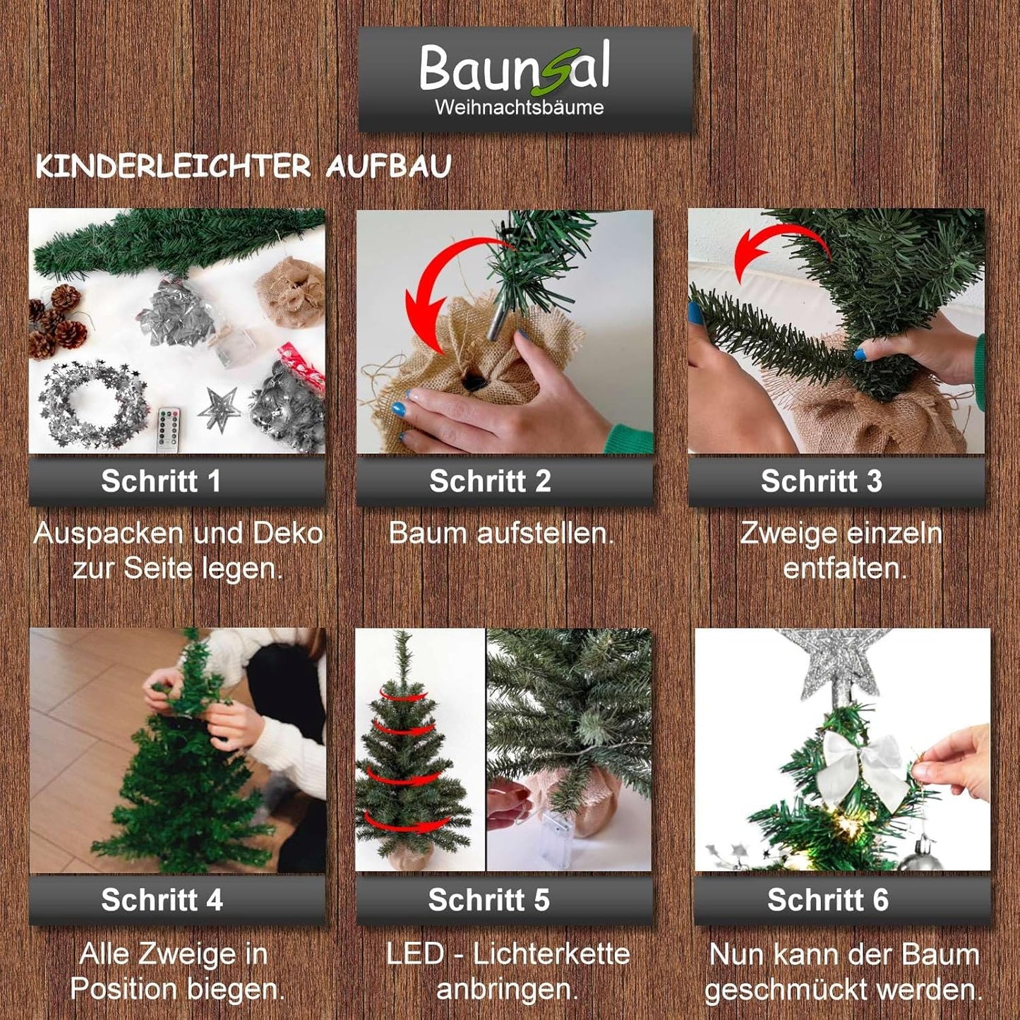 Künstlicher Weihnachtsbaum mit Deko & LED-Lichtern, 90 cm / Grün-silber-braun+warmweiss
