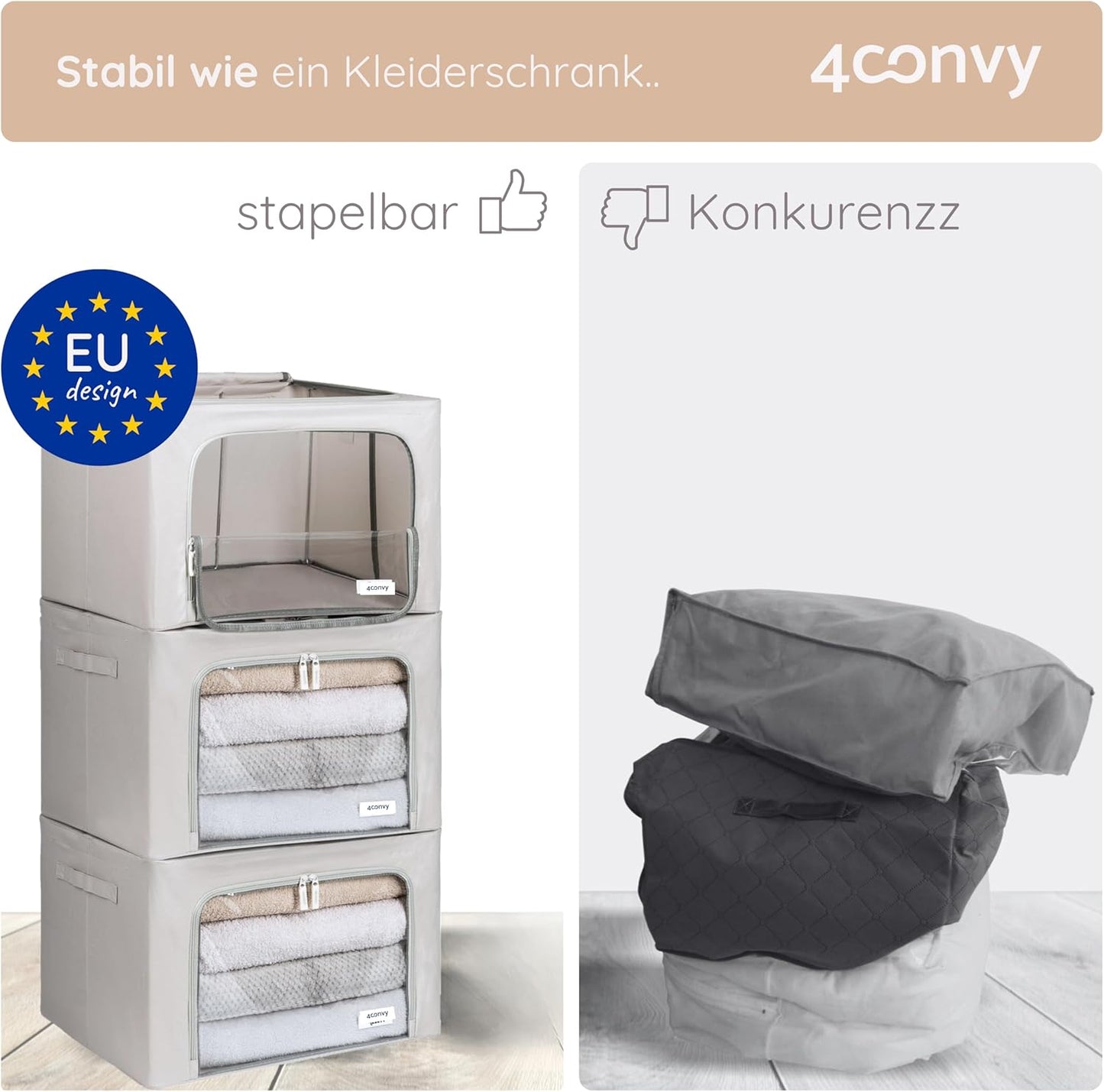 Kleideraufbewahrungsbox faltbar mit Reissverschluss (3 Stück), Grau 3x66L