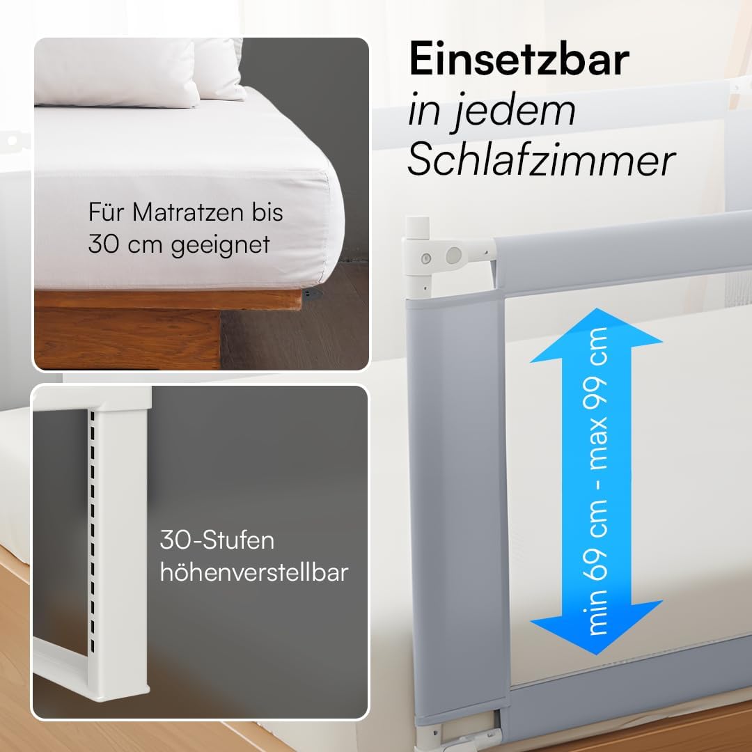 Rausfallschutz – Bettschutzgitter 150 cm, Hellgrau 150 cm mit Gurt