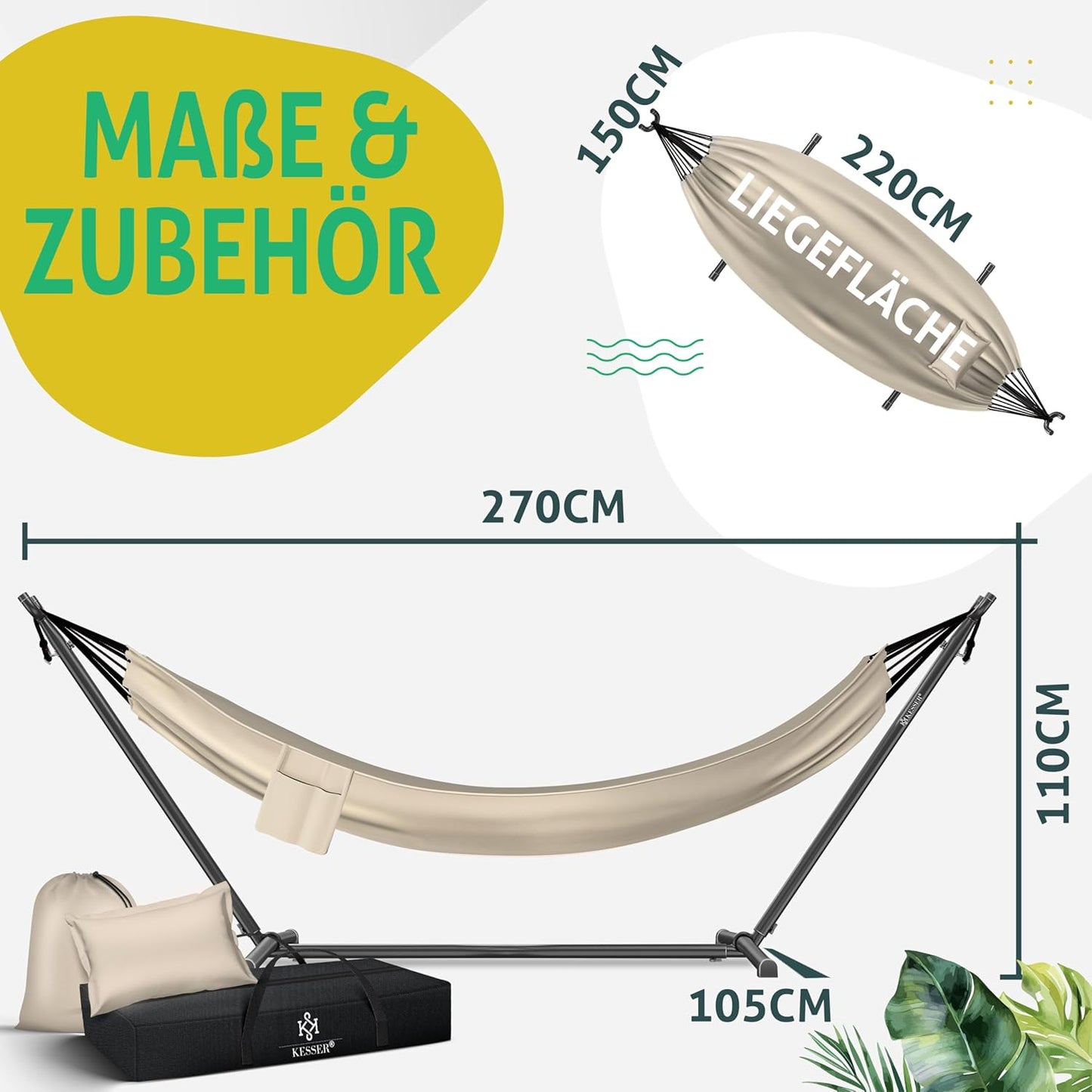 XXL Hängematte mit Gestell Lake, für 2 Personen, Beige