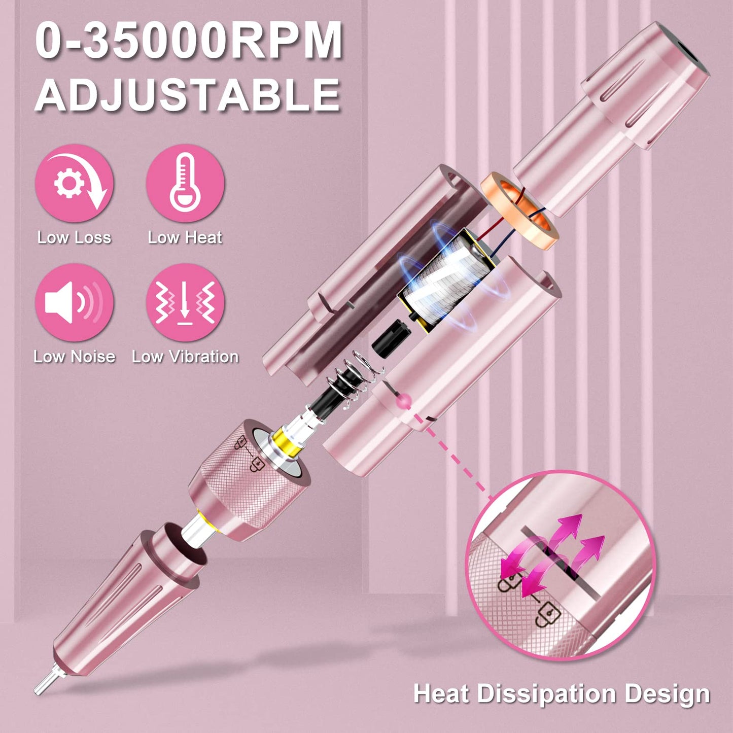 Professionelles Maniküre-Pediküre-Set, Tragbar Wiederaufladbar - Rosa