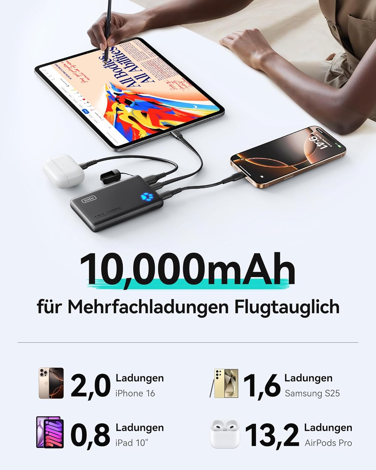 Powerbank P41 mit PD3.0 und Taschenlampe, Beige