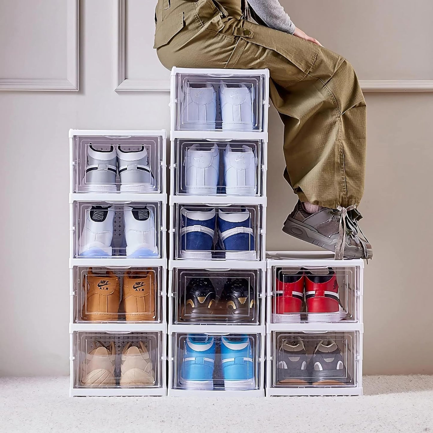 6er-Set Stapelbare Schuhboxen, Weiß - 6 Ebenen
