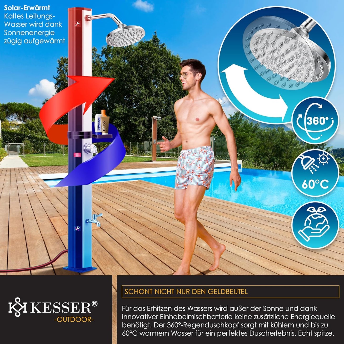 Solardusche mit Regenduschkopf, 40 Liter Schwarz / Silber