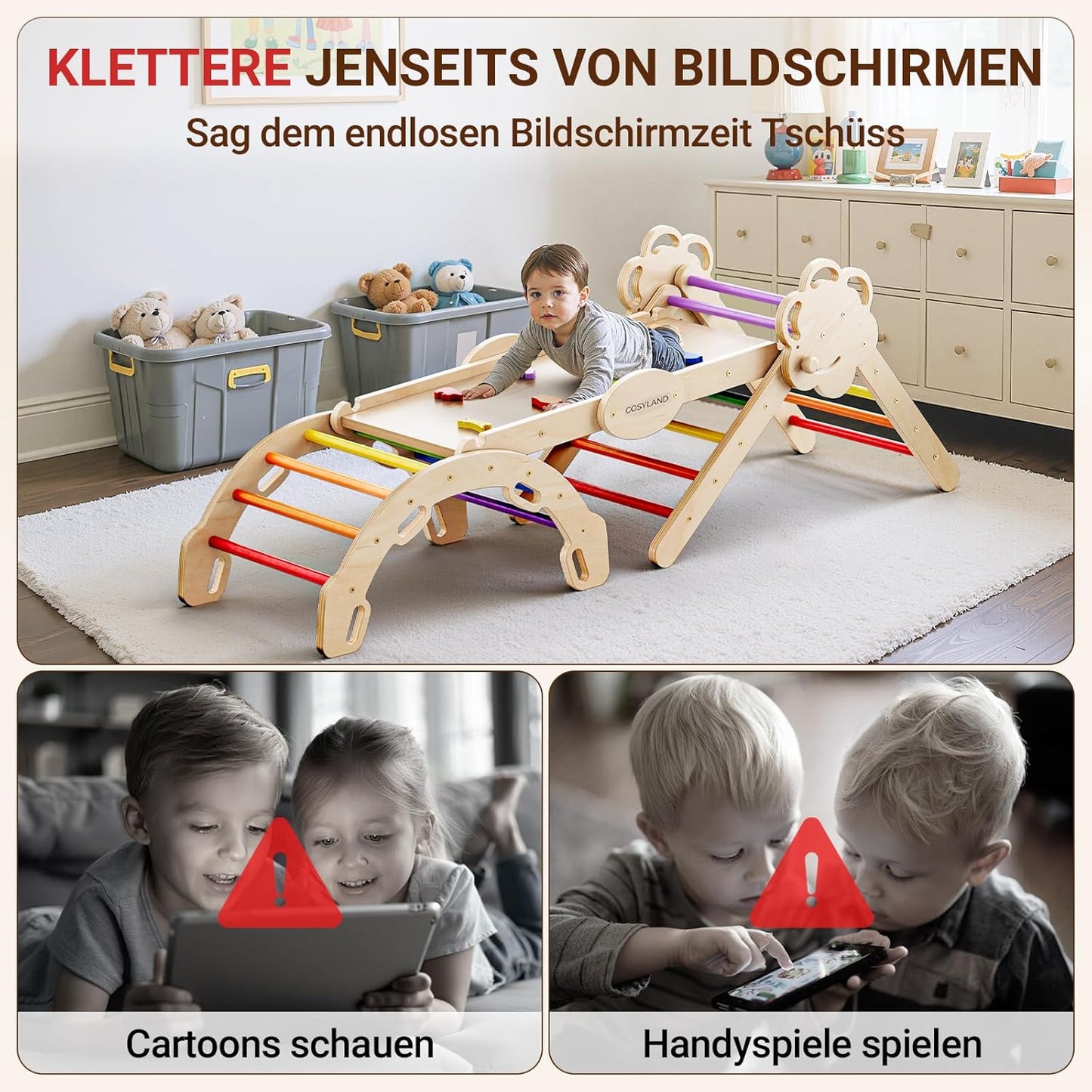 Klettergerüst mit Rutsche, L Natur/Mehrfarbig