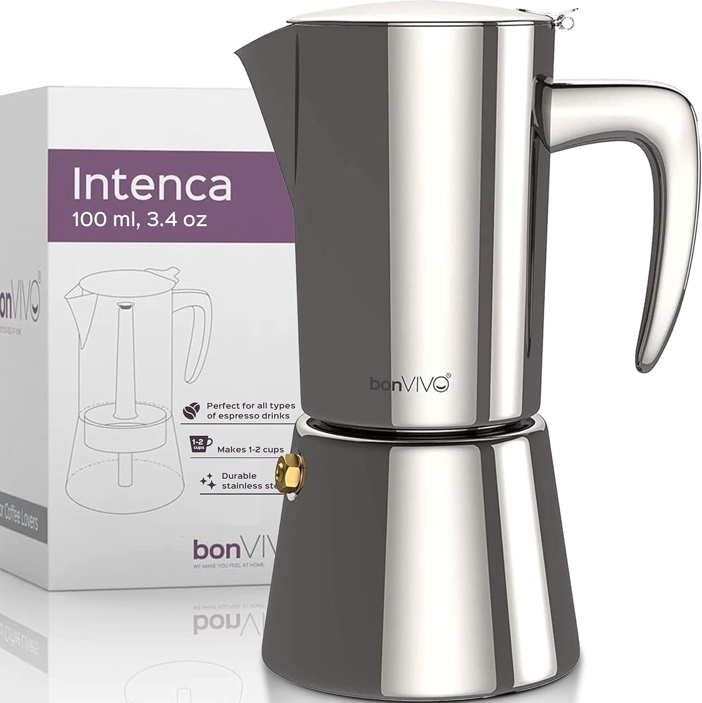 Intenca Espressokocher für 2 Tassen, 2 Tassen Chrom
