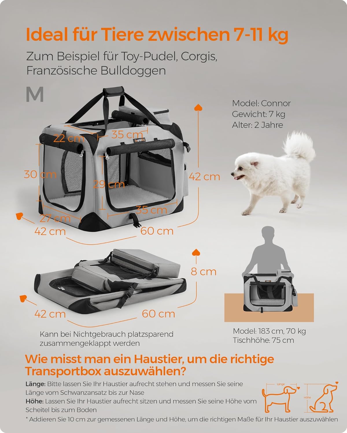 Faltbare Transportbox für Hunde, Rauchgrau L 60 x B 42 x H 42 cm