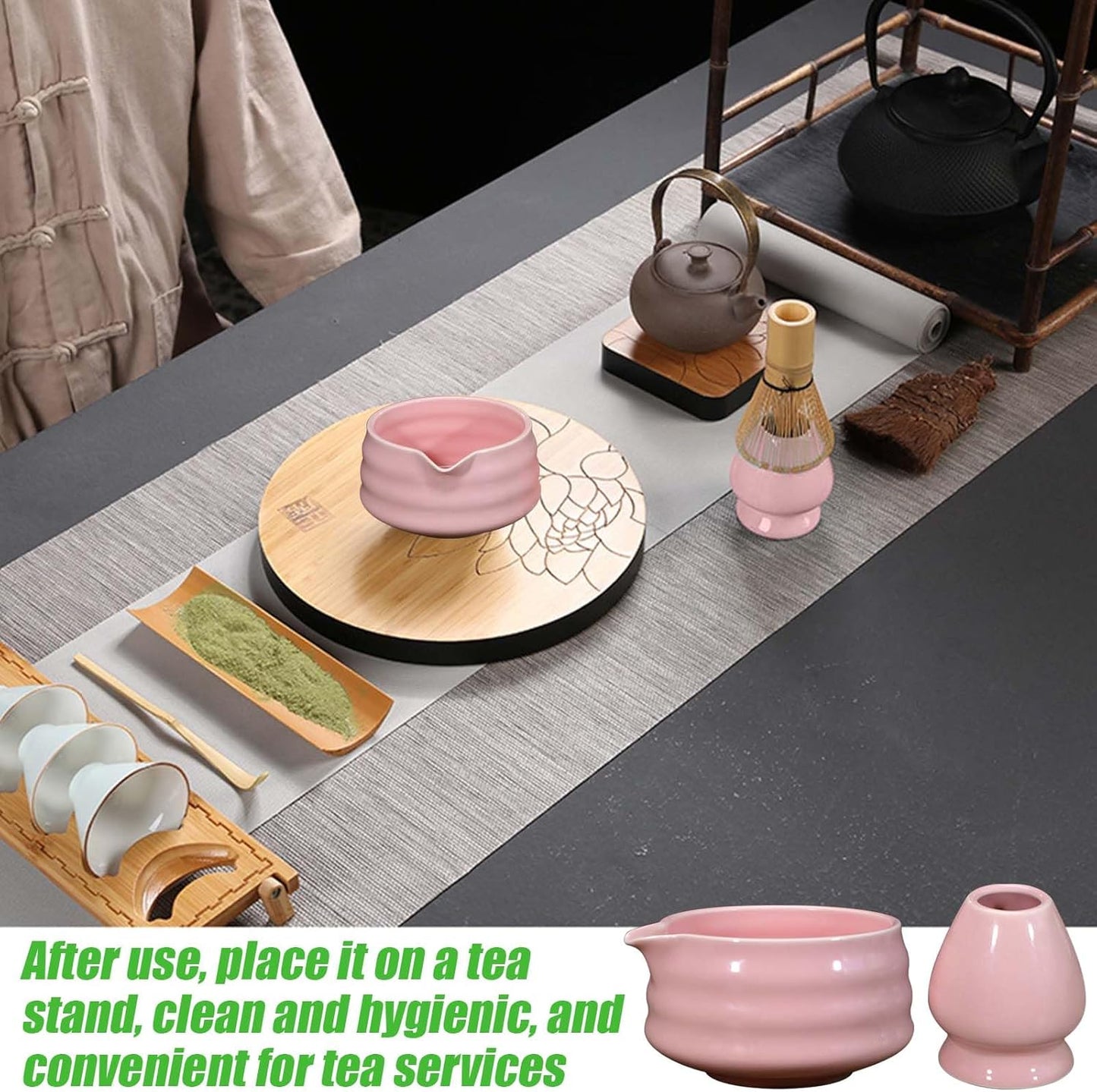 Matcha-Schale mit Ausgiesser und Schneebesenablage, Rosa