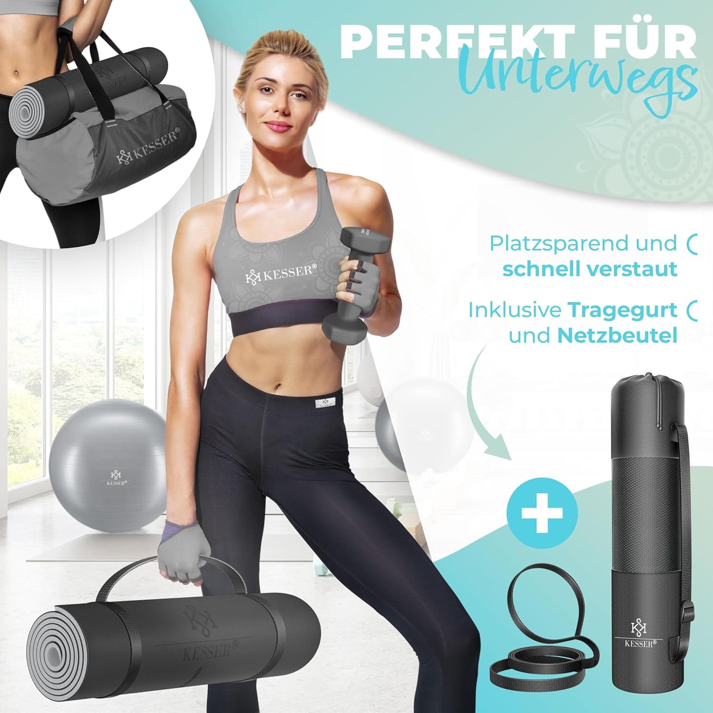 Gymnastik- und Yogamatte mit Tragegurt, Grau
