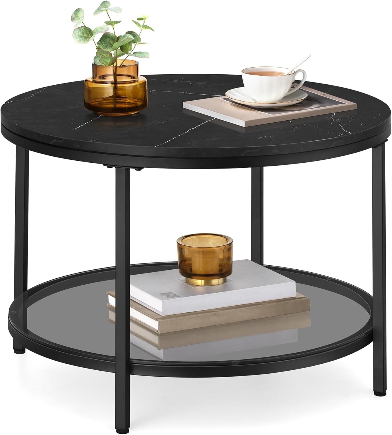 Moderner Couchtisch mit Glasplatte und Stauraum, 65d cm Marmorschwarz + Tintenschwarz
