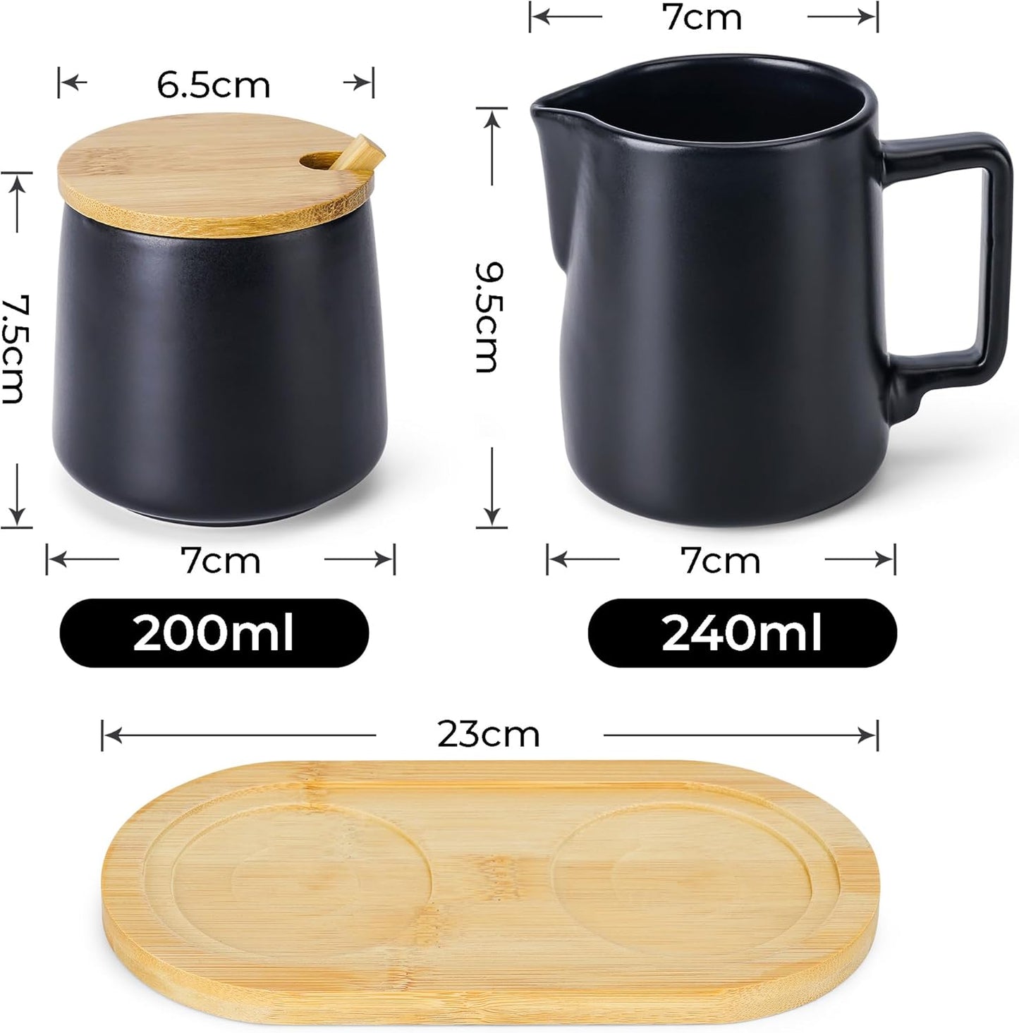Milch- und Zucker-Set mit Holztablett, Schwarz