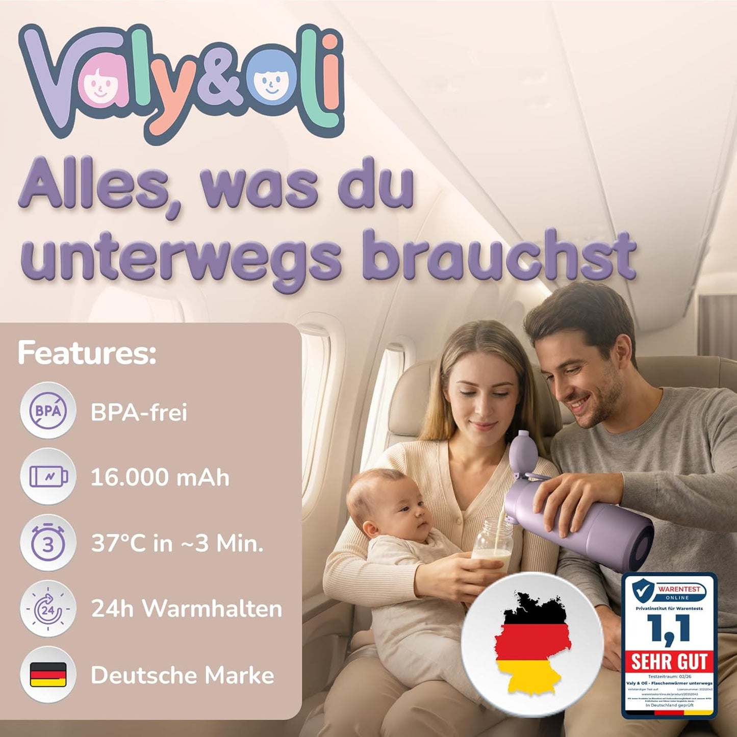 Tragbarer Babyflaschenwärmer mit Akku 16.000mAh, Lavendel-Lila