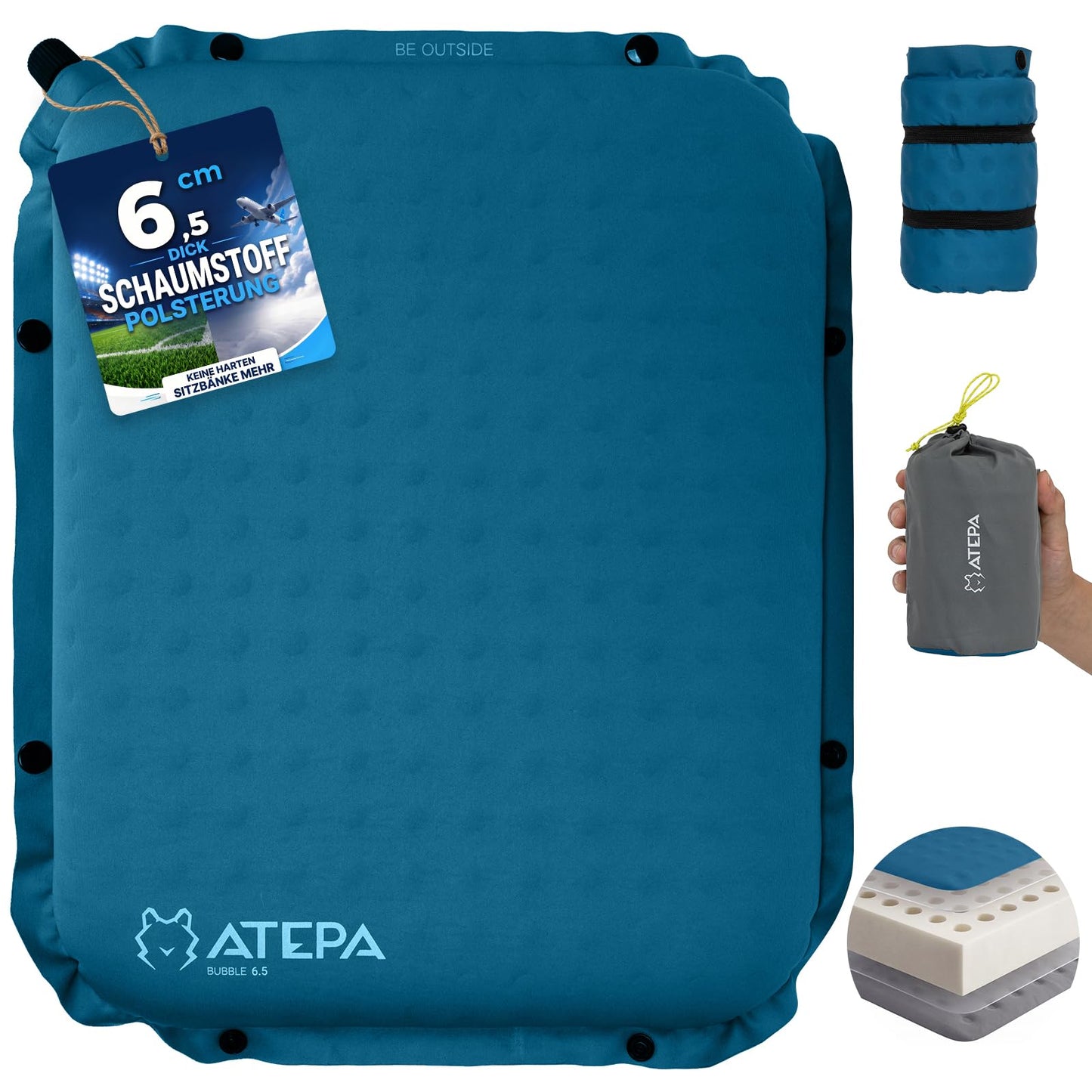 Selbstaufblasendes Outdoor-Sitzkissen, Blau 1er Pack 42 x 33 x 6,5 cm