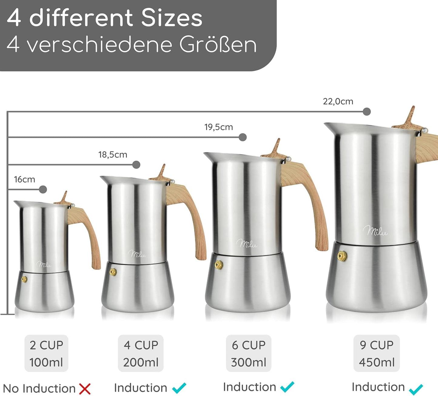 Espressokocher-Set für 2 Tassen, Holzoptik 2 Tassen (100 ml)