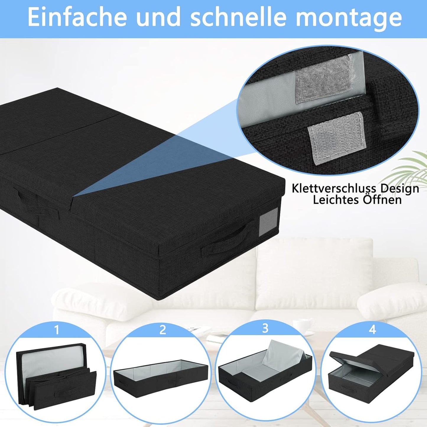 Faltbare Unterbett-Aufbewahrungsbox, 2 Stück, Schwarz