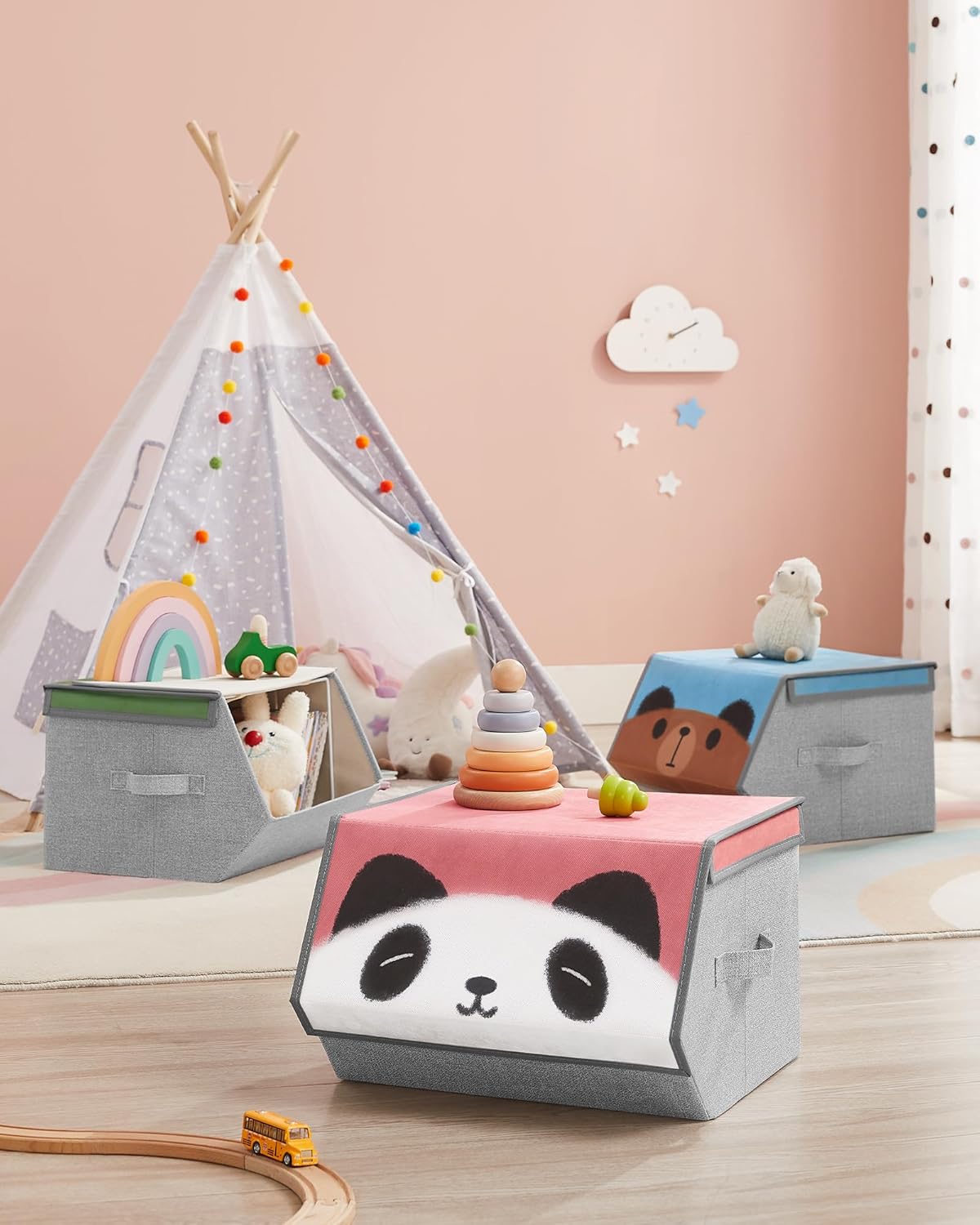 Faltbare Aufbewahrungsboxen mit Tiermotiven, 3er-Set, Panda-, Bär-, Schwein-Motive