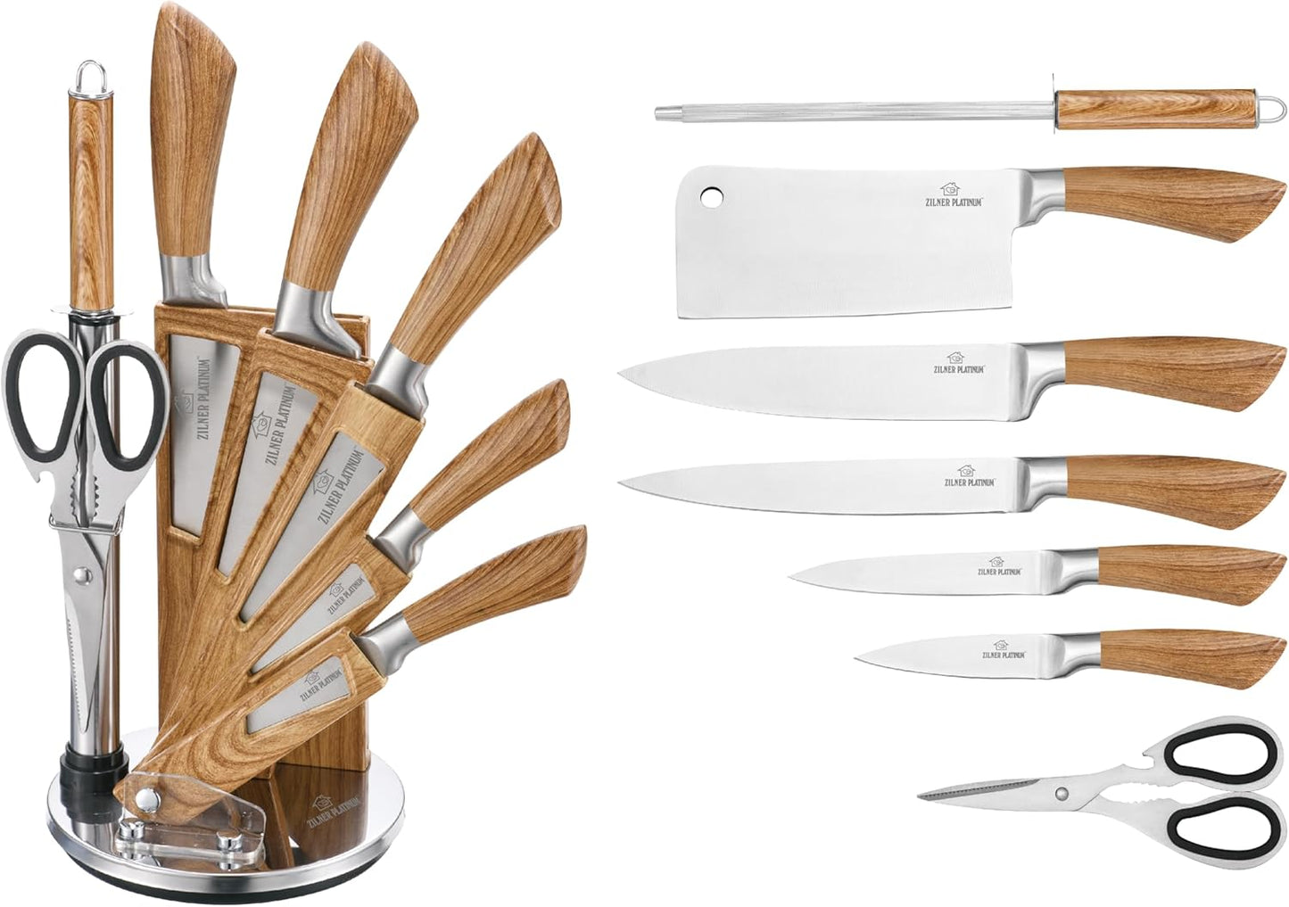 Messerset mit Messerblock, Schere und Wetzstahl, Braun