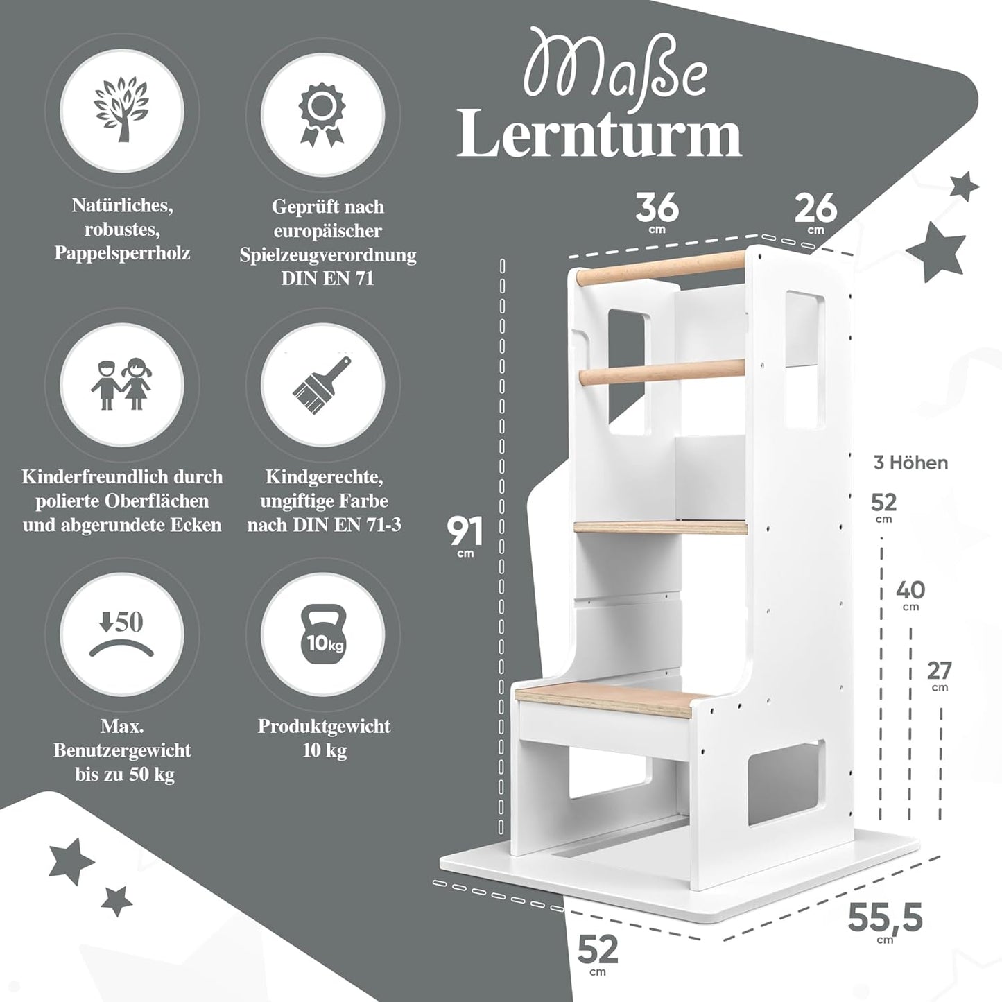 Höhenverstellbarer Lernturm, Eckig Holz/Weiß