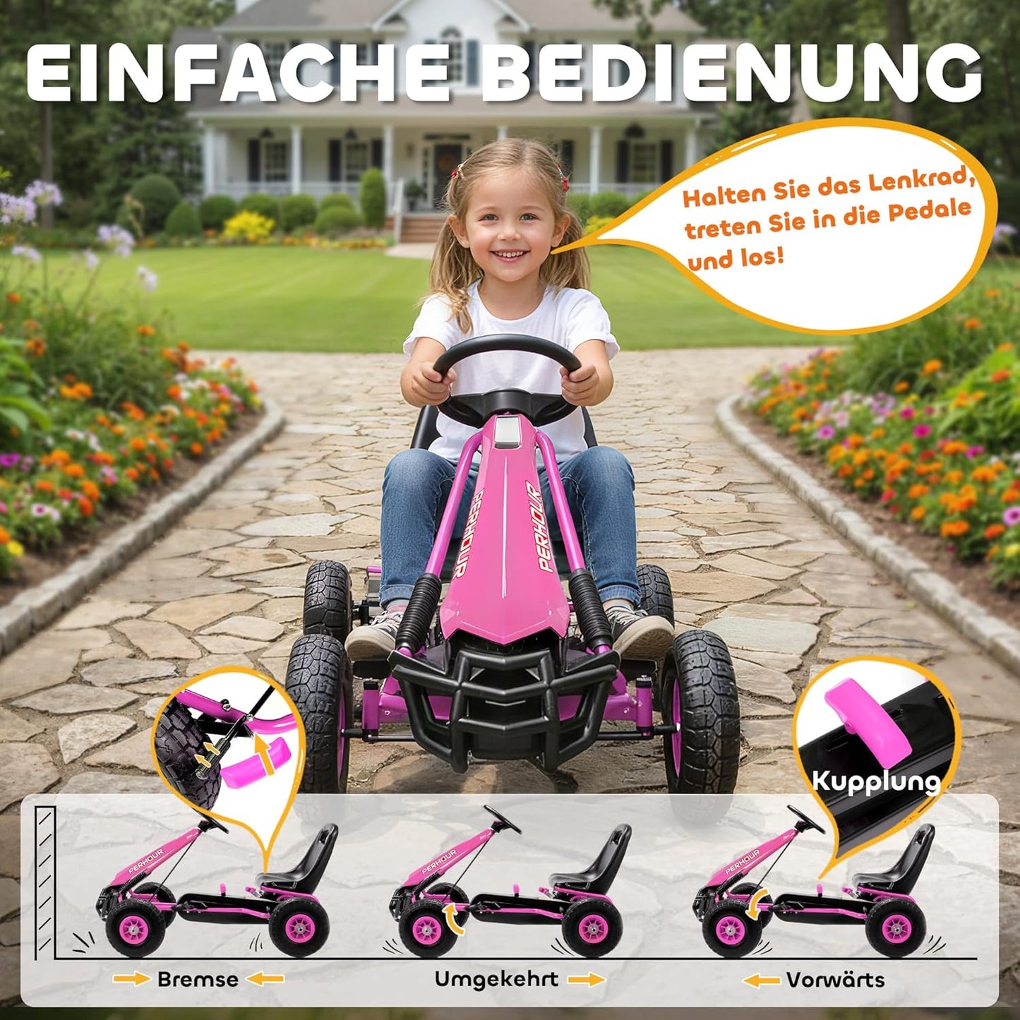 Kinder-Gokart mit verstellbarem Sitz und Handbremse, Rosa