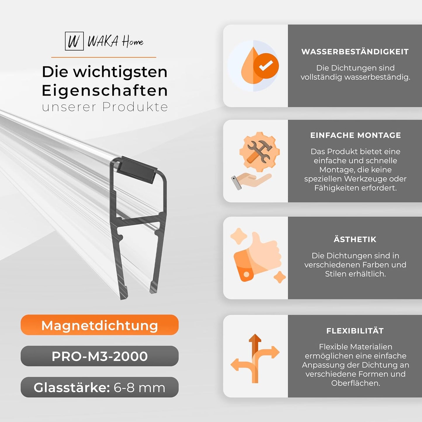 Duschdichtung für Glastüren, Transparent 6-8mm Glas | 135°