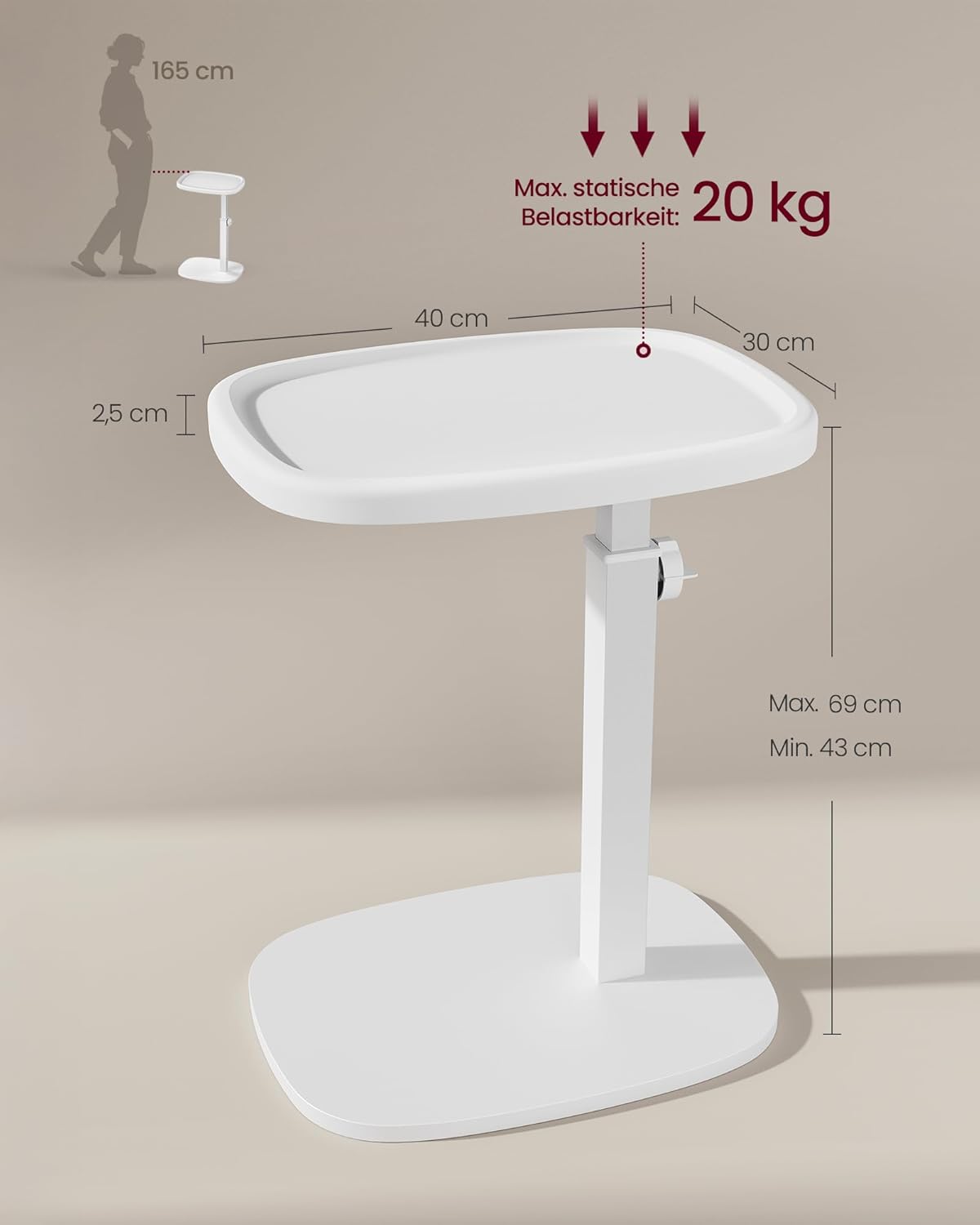 Höhenverstellbarer C-Form Beistelltisch, Wolkenweiss + Höhenverstellbar