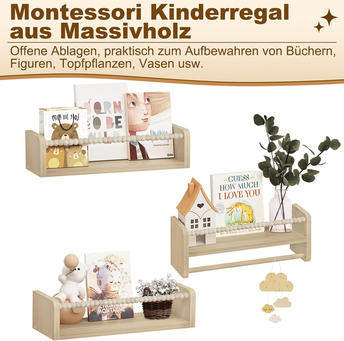 Kinder-Bücherregal, 40 x 15 x 14 cm Naturholzfarbe