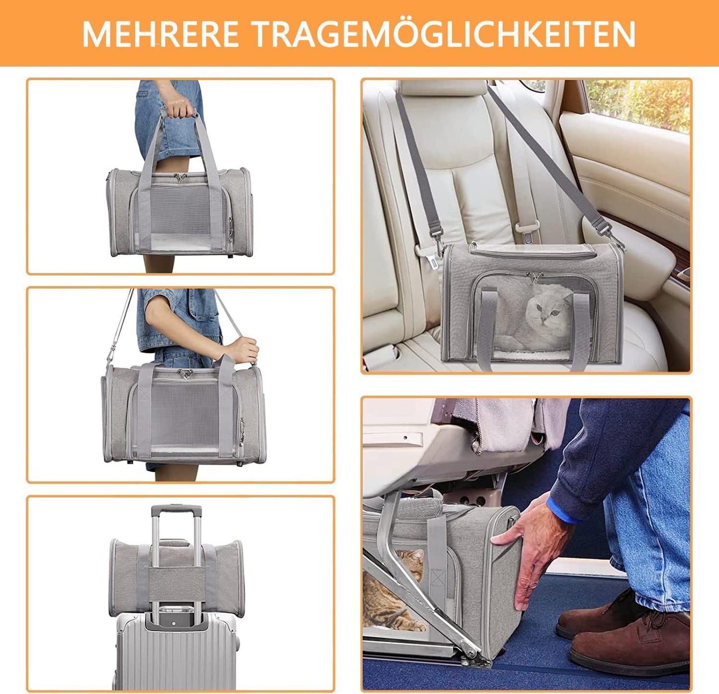 Faltbare Haustier Transporttasche bis 5kg, 43 x 28 x 28cm, Grau