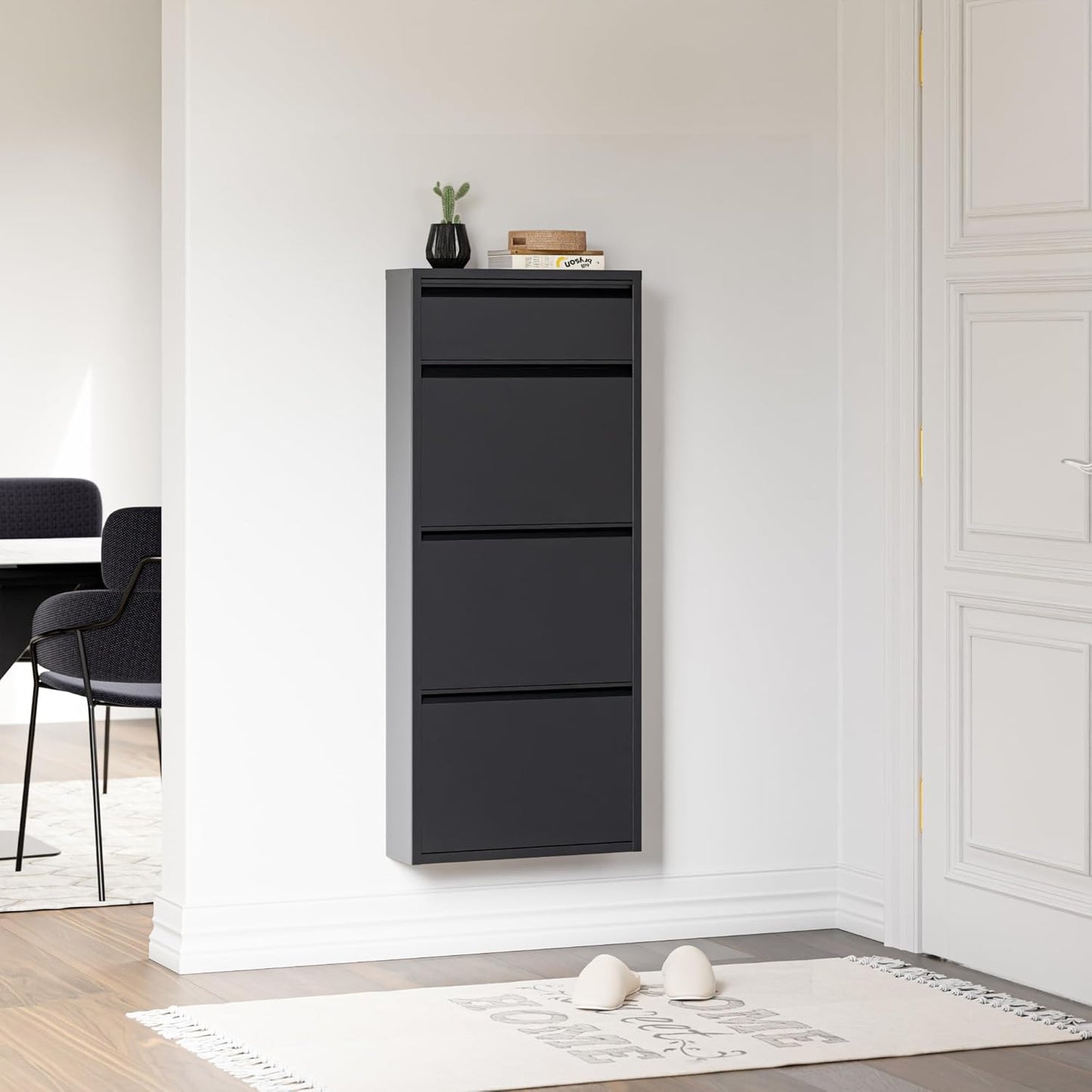 Schuhschrank mit 4 Klappen für 6 Paar Schuhe, Grau mit 3+1 Klappen
