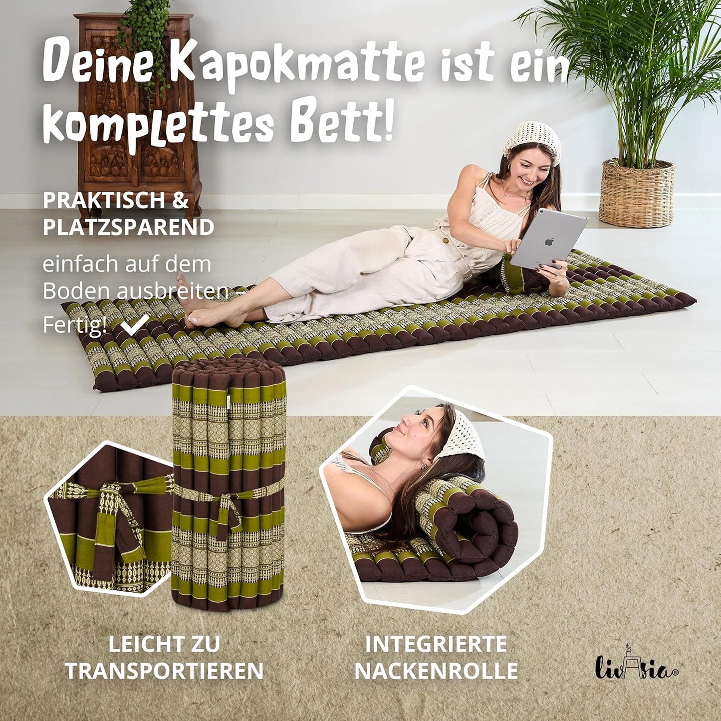 Rollmatratze 200x75 cm, M (200 x 75 cm) Braun/Grün