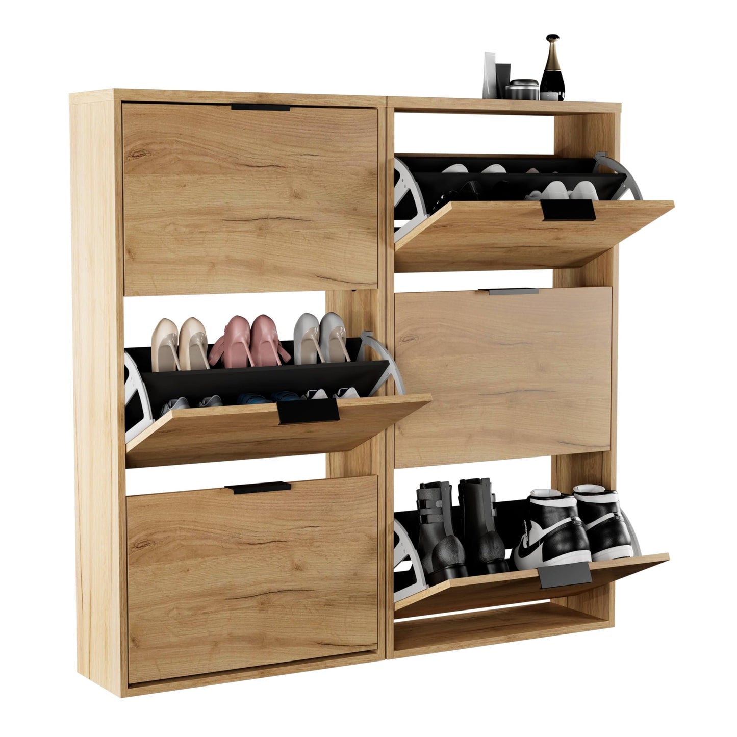 Schuhschrank-Set mit 3 Klappen (2 Stück), 2x 3 Klappen Gold Eiche