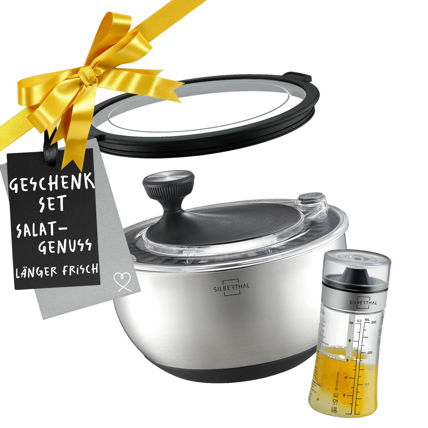 Salatschleuder-Set mit Dressingshaker (Edelstahl, 4,7 L), Geschenkset Salatschleuder + Dressingshaker
